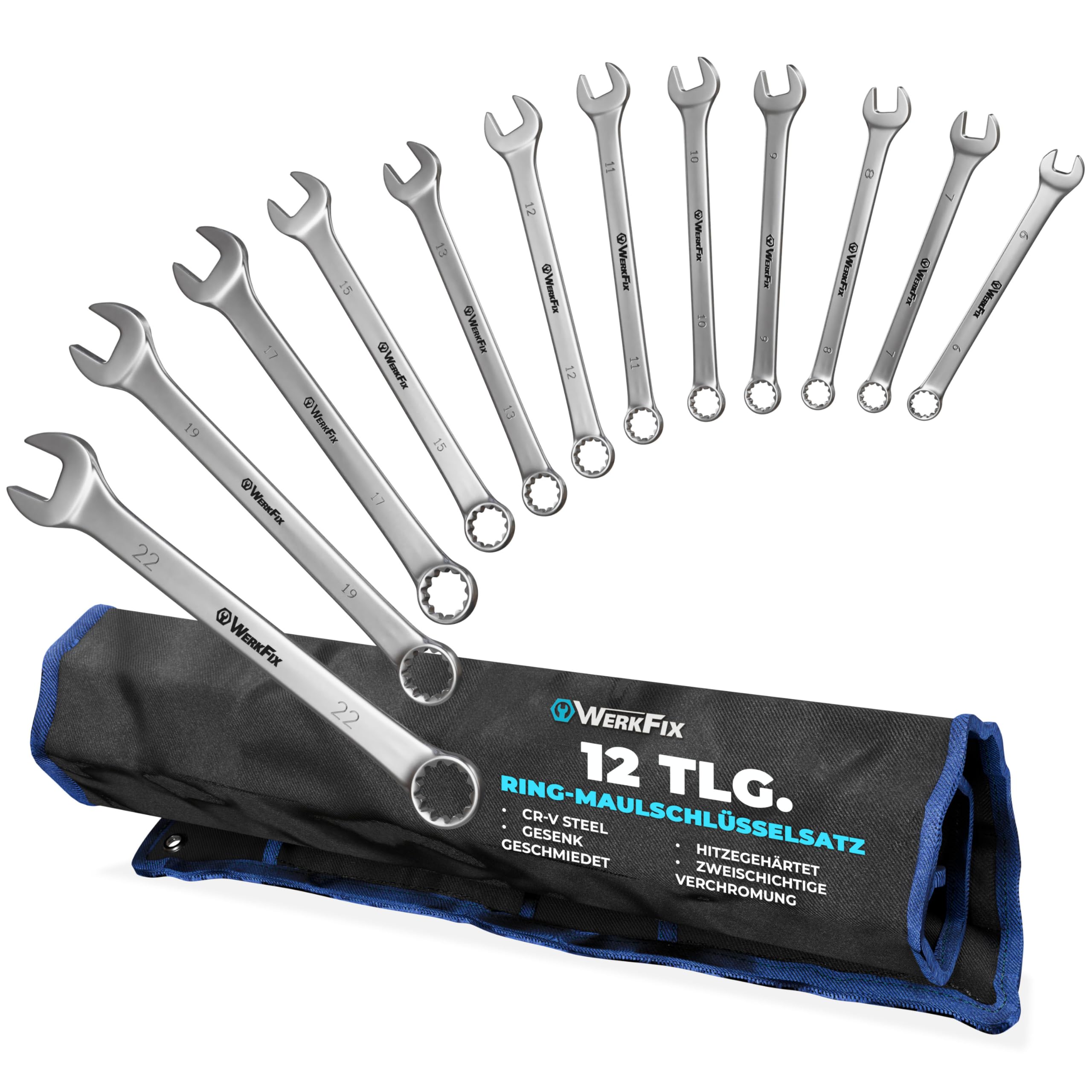 S&R WERKFIX Ring-Maulschlüsselsatz 12-tlg. 6–22 mm | CrV-Stahl Schraubenschlüssel Set KFZ Werkstatt | Gabelschlüssel mattiert & laser-markiert | Profi Montage Werkzeug im Rolltasche Set