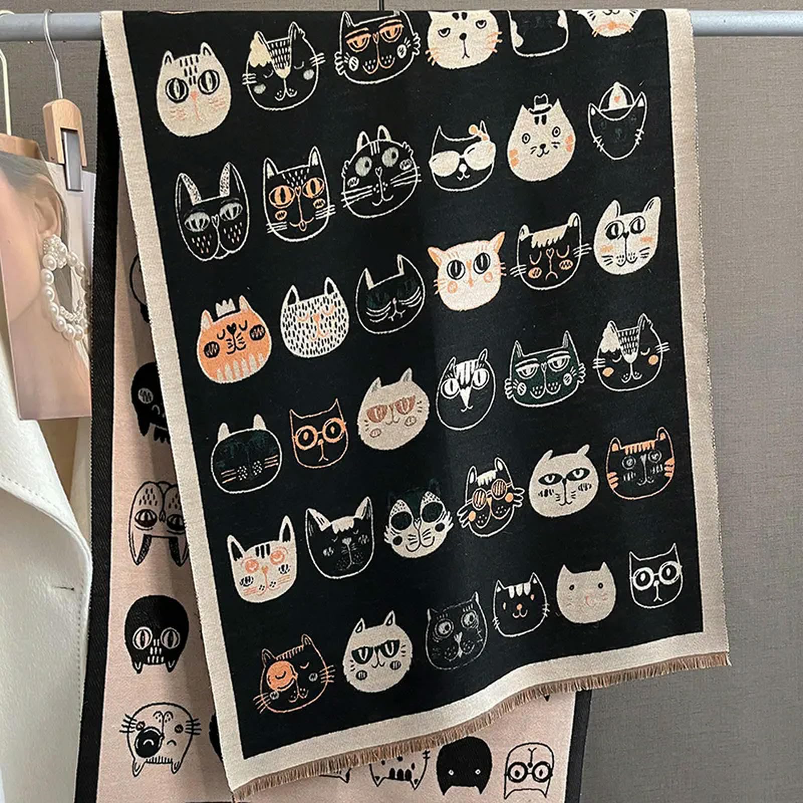 MdybF Szalik damski jesień i zima podróż ciepły sztuczny kaszmirowy szal szalik moda kobiety kot nadruk koc chusty damskie urocze ponczo