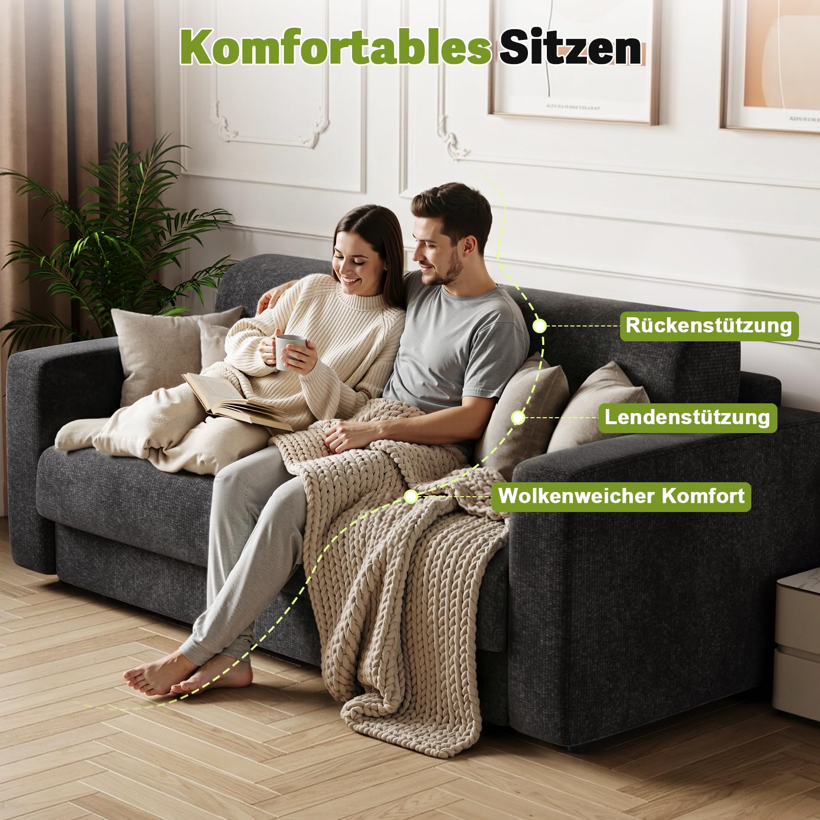 Devoko Schlafsofa mit Matratze 2 Sitzer Sofa 190 cm breit mit Schlaffunktion Ausziehbares Schlafcouch Chenille Couch Klappsofa für Wohnung und Wohnzimmer, Schwarz