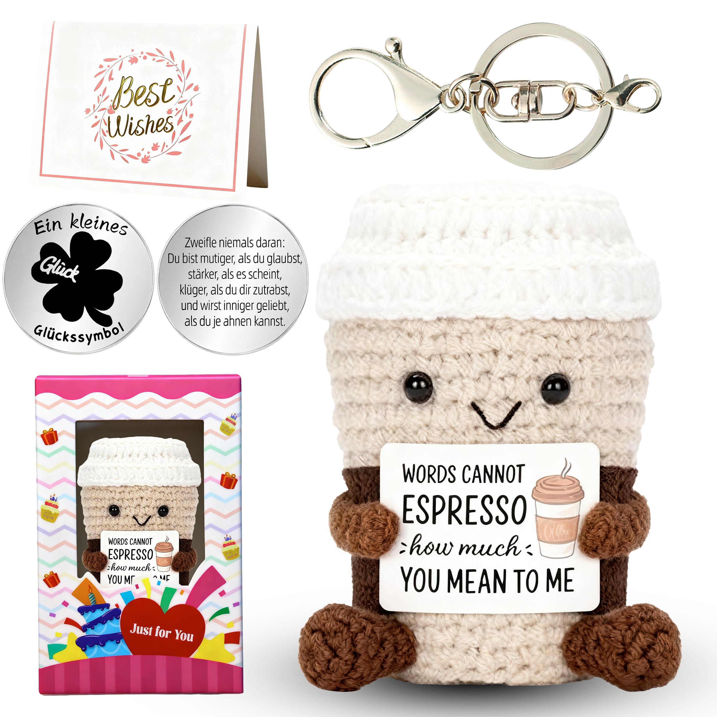 MLZTINGR Handgestrickter Kaffee-Freund mit Glücksmünze Positivkarte - Lustiger Seelentröster Geschenk für Frauen Lehrerinnen Freundinnen Geburtstag