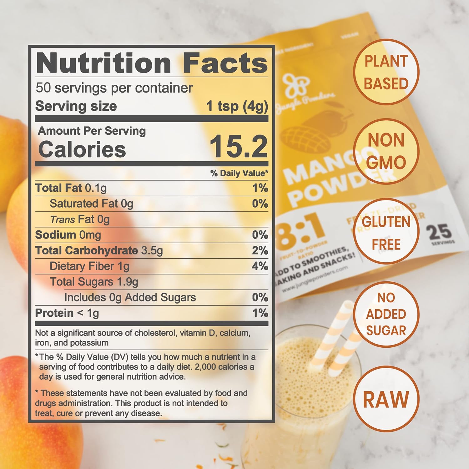 Jungle Powders Freeze Dried Mango Powder 7 Ounce Bag, Mango Extract For Baking No Sugar Added Dry Mango Powder Juice Additive Free Mangoes Whole Fruit Dried Mango Juice For Smoothie Flavoring