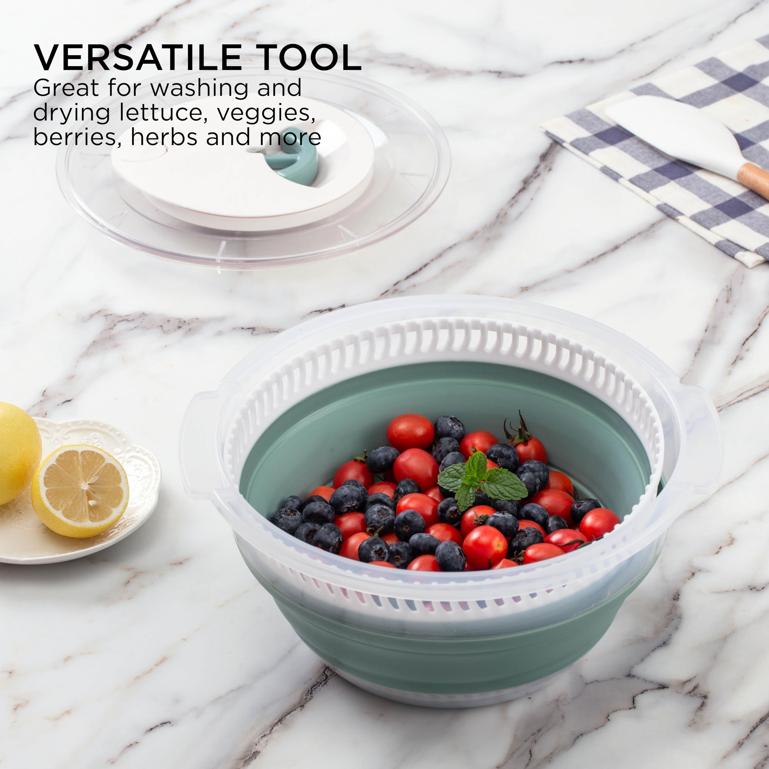 COOK WITH COLOR Zusammenklappbare Salatschleuder, platzsparender Salattrockner mit faltbarem Sieb, ideal zum Waschen und Trocknen von Obst und Gemüse, Salbei, 4 l