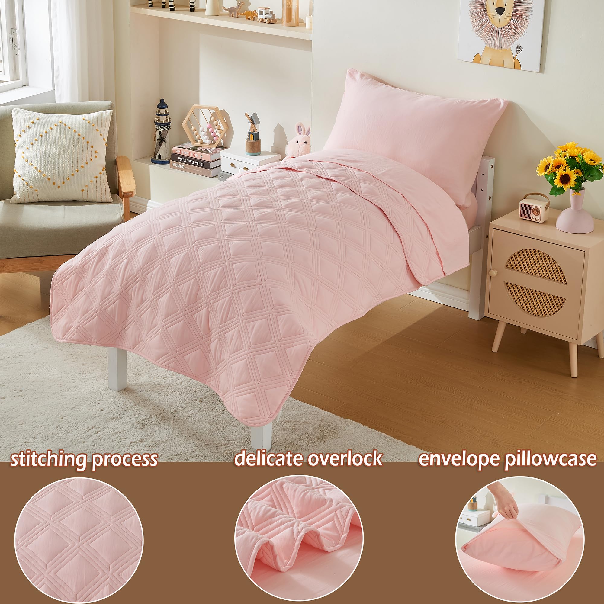 4 Piece Toddler Bedding Set for Girls Pink Geometric Stitched Soft Microfiber Crib Bed Sheets Set Lightweight Quilted Comforter Set for Baby | Include Comforter, Flat Sheet, Fitted Sheet, Pillowcase