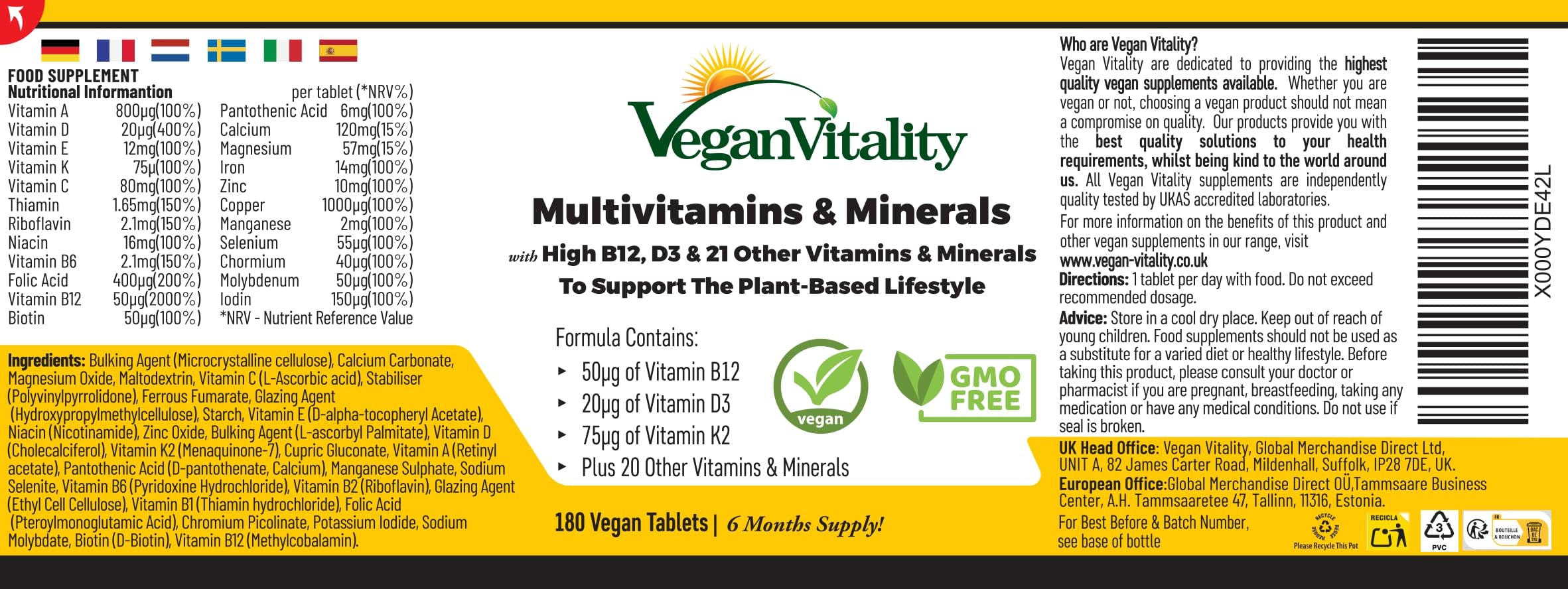Multivitamines et minéraux vegan – Source renforcée de vitamine C, vitamine k2, B12 et fer - 180 pilules vegan multivitamines. 6 mois de complément alimentaire vegan & végétarien