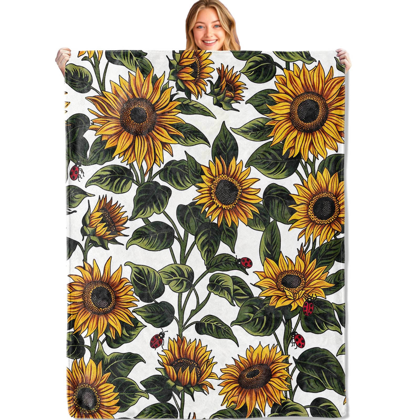 MIEPOS Sunflower and Ladybug Throw Blanket,60x80in,Soft,Lightweight Flannel,Floral Flower Boho Blankets - Gifts for Women Adult,for Couch Office Travel,Home Living Room Bed Bohemian Decor