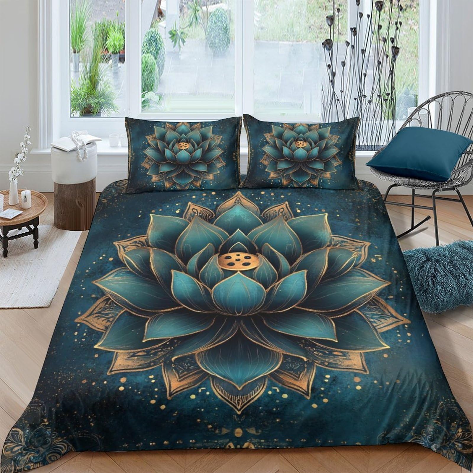 Ctjqhvkz Style-1 3D Printed Lotus Flower Fitted Sheet Microfiber Soft Teal Gold Mandala Bed Cover For Bedroom Dorm Decor Single（135X200cm）