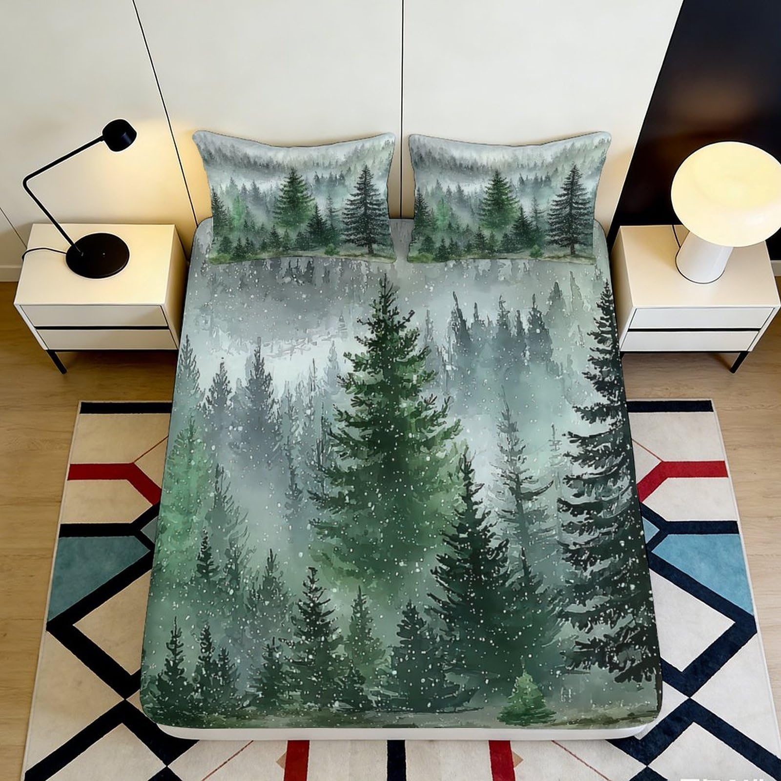 3D Printed Misty Forest Fitted Sheet Microfiber Breathable Pine Woodland Bed Cover for Bedroom Dorm Mattress Decor 90x200x25cm