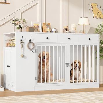 Keyluv 59" Large Dog Crate Furniture with Storage Drawers and Cabinet, Single/Double Dog Kennel Indoor with Removable Divider, TV Stand Dog Cage Furniture with Hooks for Small/Medium/Large Dogs, White