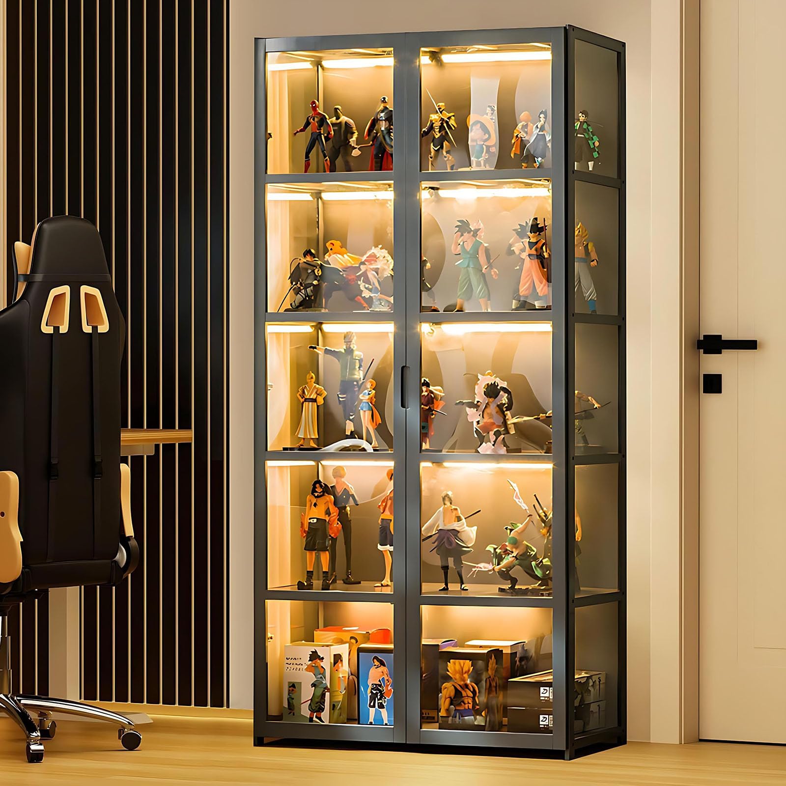 5 piani vetro acrilico porta espositore, espositore collezione, porta giocattoli, libreria camera da letto per bambini (Doppia porta grigia)