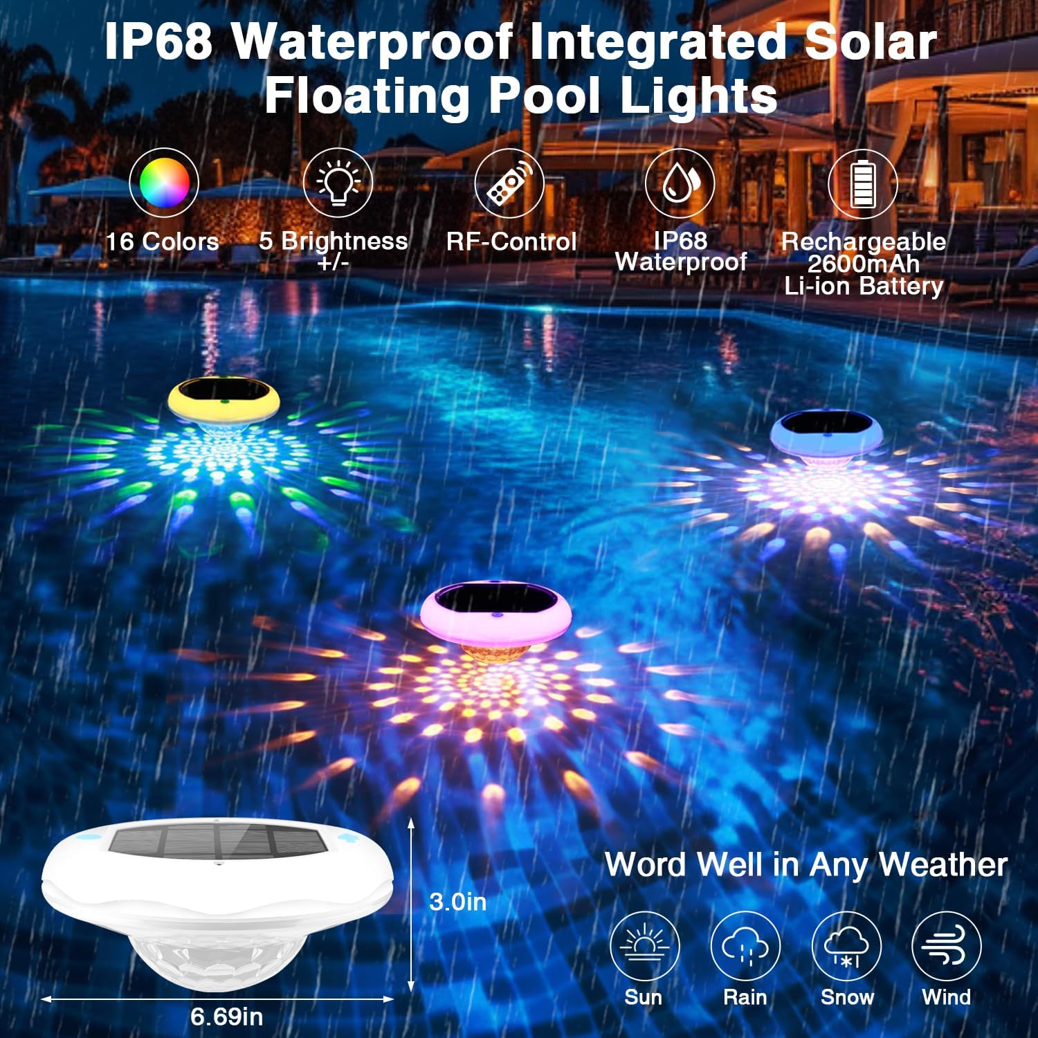 Solar Floating Pool Lights(2 PACK), USB Rechargeable Pool Lights, 6.69 Inch IP68 Waterproof Pool Lights That Float 6 Dynamic Modes with Remote Upper and Lower Glow 2600mAh Hangable Light for Pond