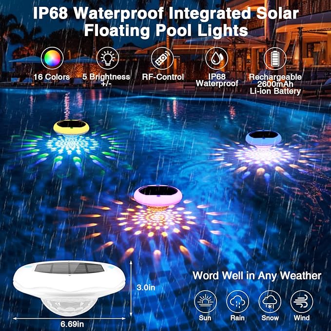 Luces Solares Flotantes para Piscina 2 Pack Recargables USB IP68 6.69 pulgadas miniatura 4