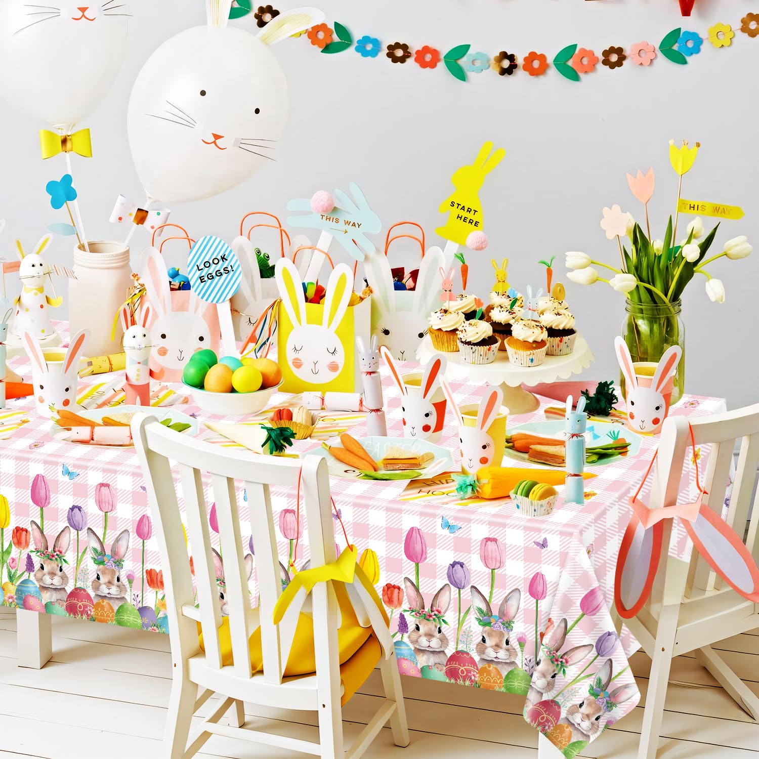 POPOYU Tovaglia per feste pasquali, 137 x 274 cm, uova colorate, decorazione per la tavola in plastica per Pasqua, bambini, adulti, decorazione da tavolo
