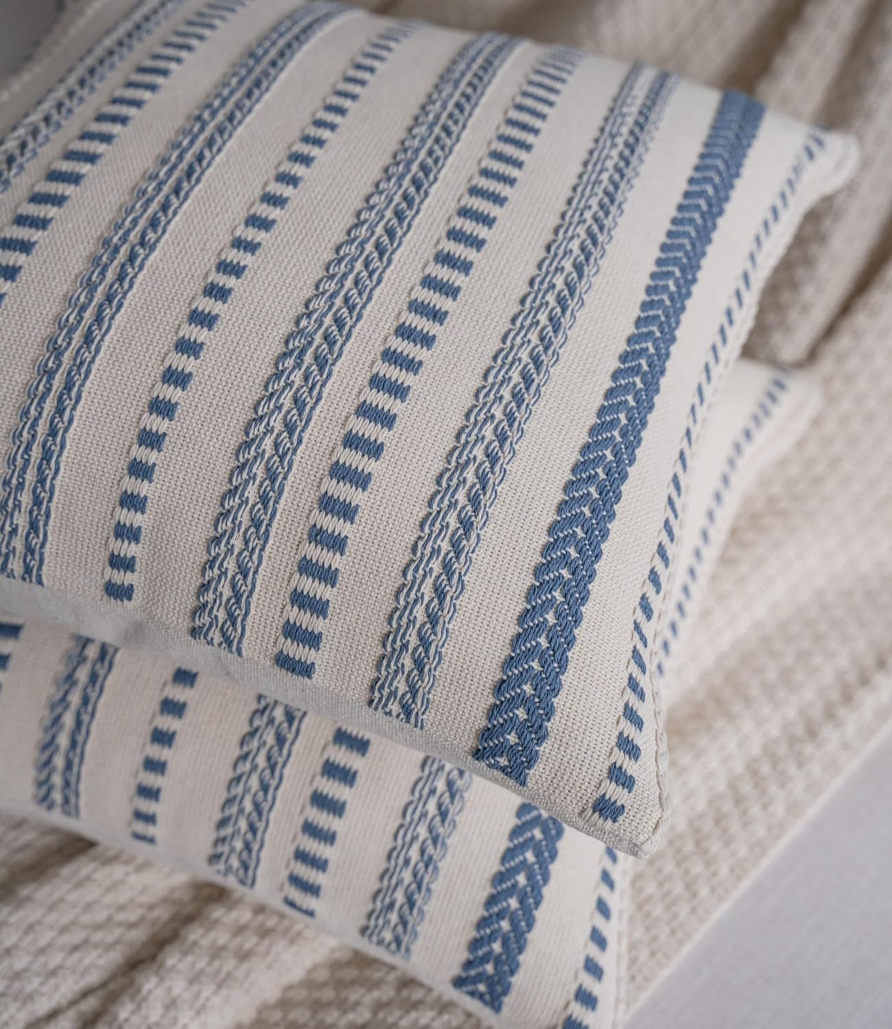 Cethom Blue and Beign Boho Throw Pillow Covers 20x20 Inch Set of 2, Stripe Textured Decorative Couch Pillow Cases for Bed, Sofa, Living Room, Bedroom, Farmhouse Home Accent Cushion Covers