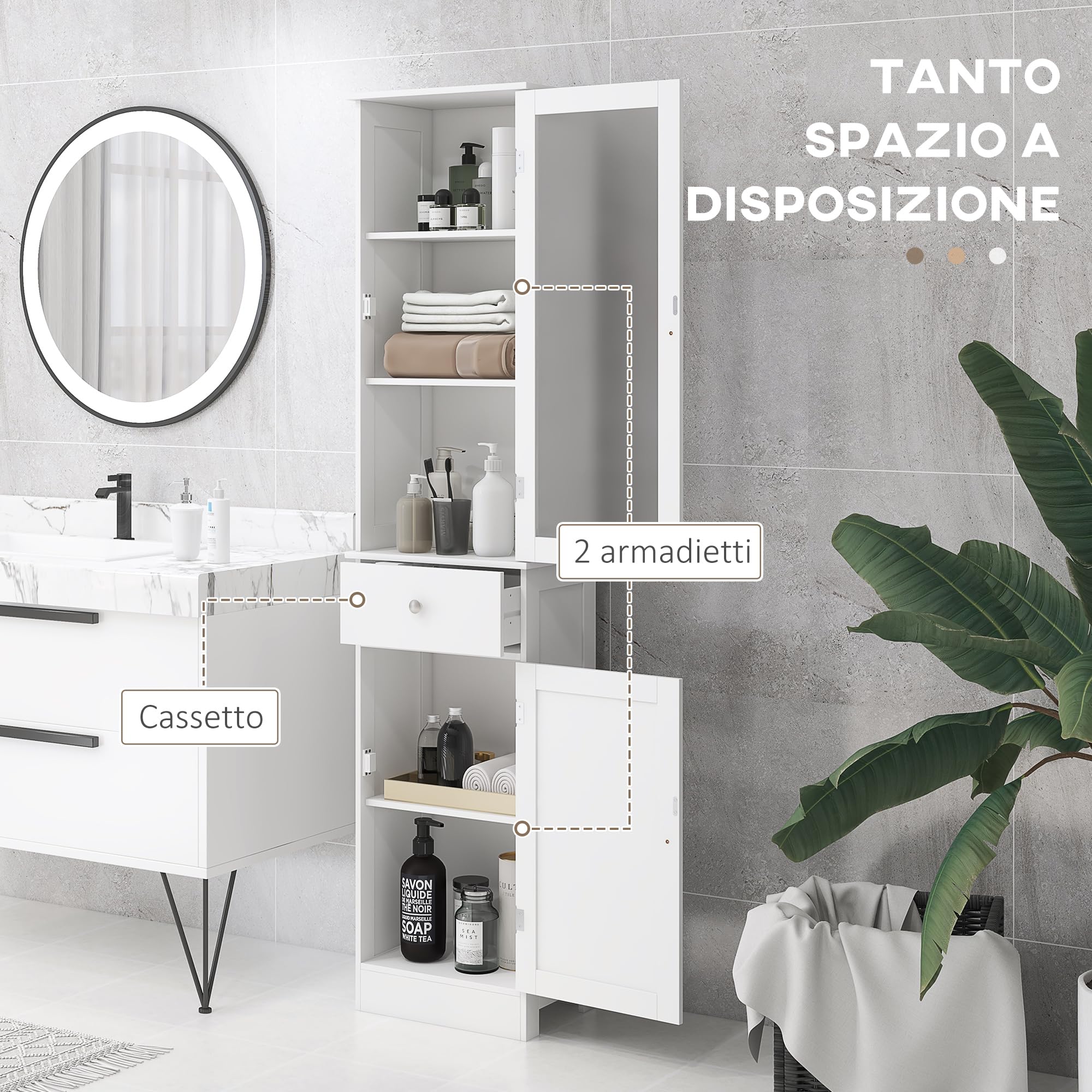 kleankin Mobile Colonna Bagno, Mobiletto Bagno Salvaspazio con Ante Trasparente, Armadietto, Cassetto e Ripiani Regolabili in MDF, 40x27x171.5 cm, Bianco