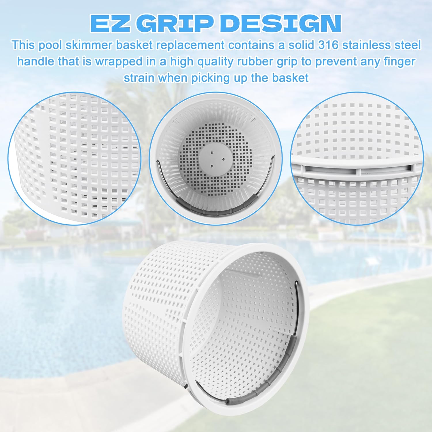 8" Pool Skimmer Basket Replacement for Pentair U-3 & Hayward SP1070 | Heavy-Duty Inground Pool Basket with Weighted Metal Base & 316 Stainless Steel Handle