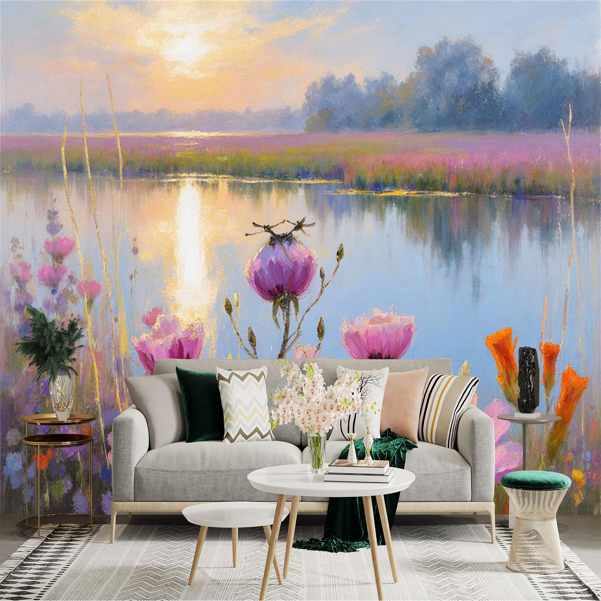 Custom Size Wall Sticker Mural， Sunset Lake with Wildflowers， Pink Blossoms and Golden Light Reflection， for wall Decoration， peelandstick wall Decals.
