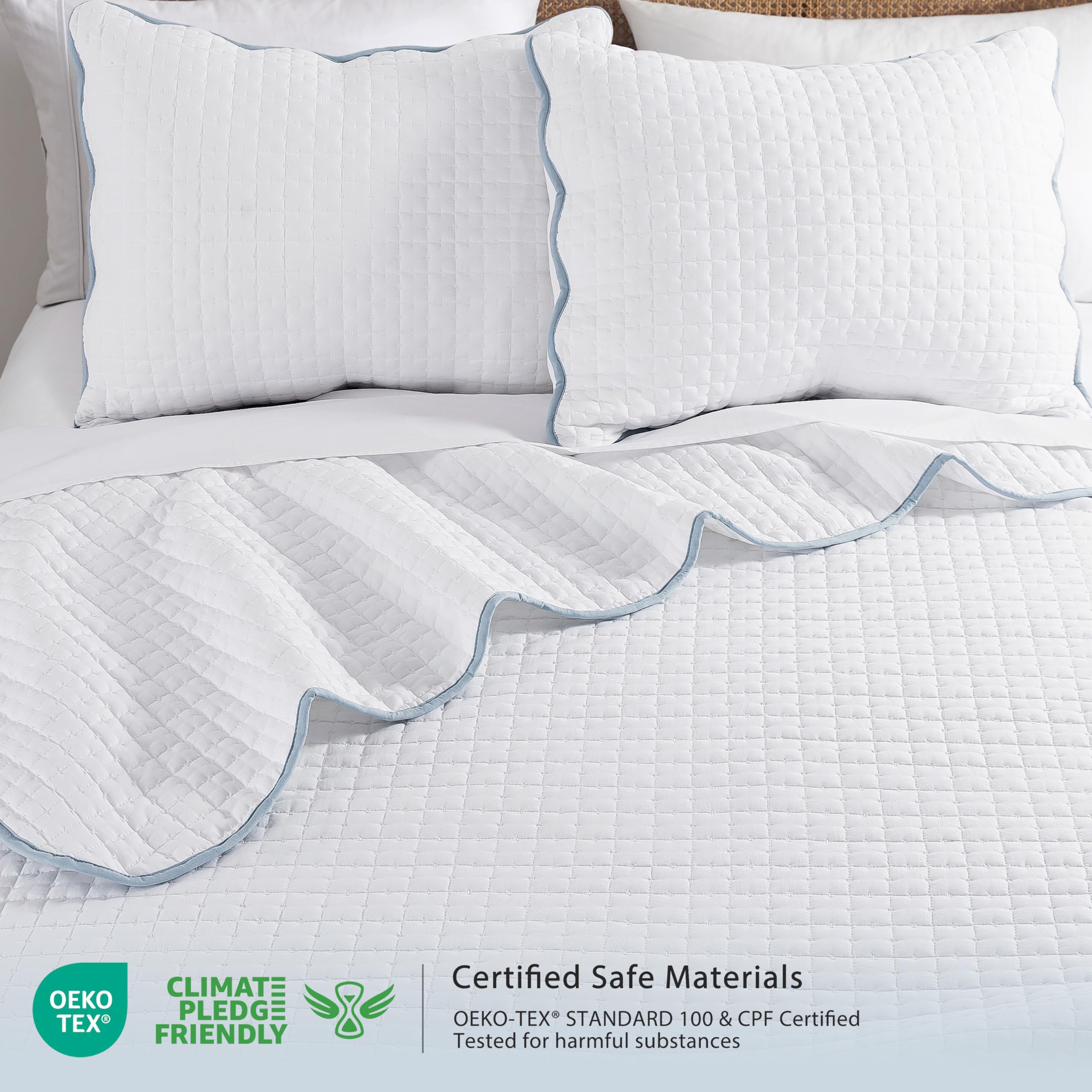 WDCOZY Set di biancheria da letto con copripiumino bianco per letto singolo, smerlato rustico rustico e leggero, copriletto Kantha Pick Stitch, 1 federa per cuscino, bordo blu con cuciture bianche