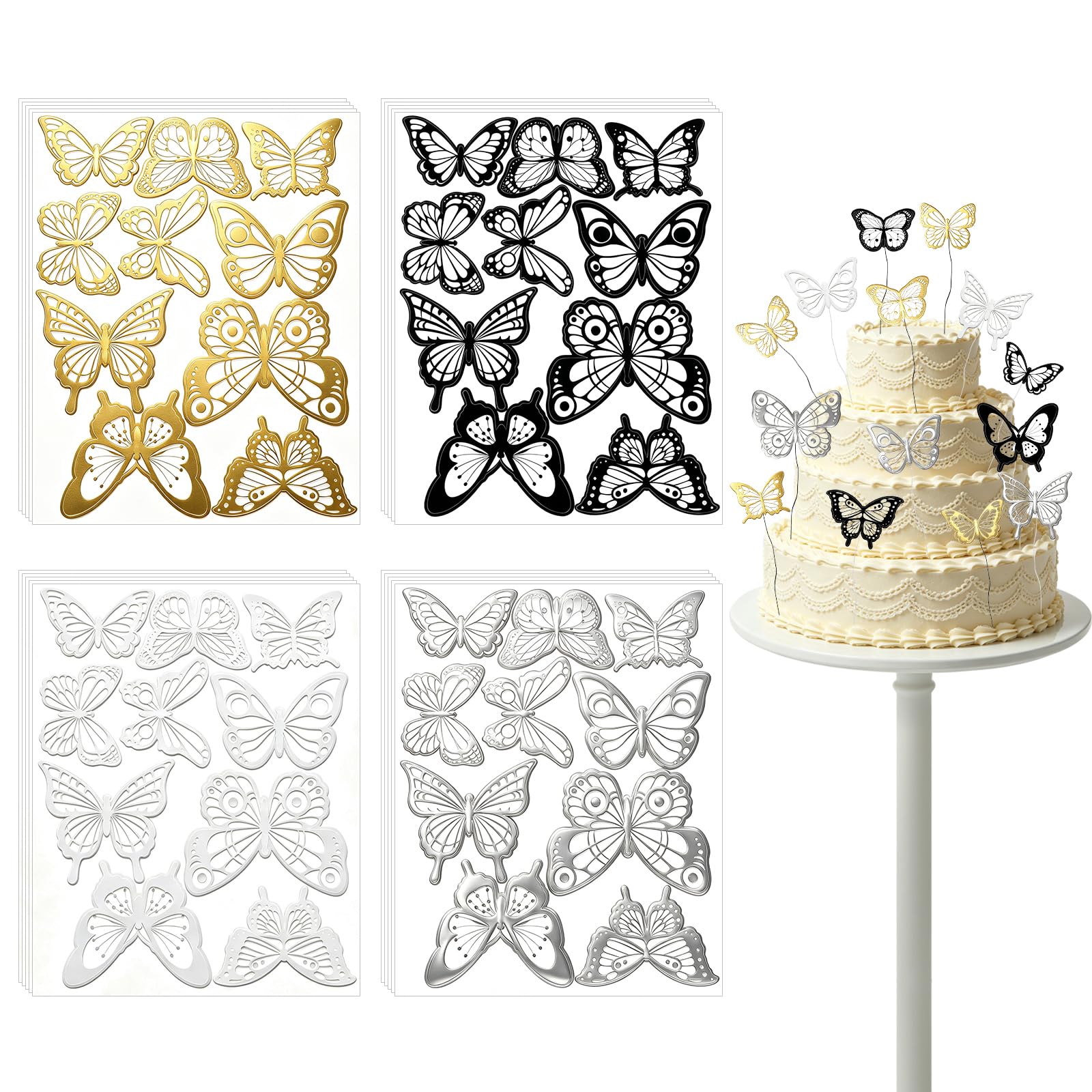 200 PCS 3D Butterfly Wall Decor Set, 10 Styles Butterfly Decorations with Black White Gold Silver Designs, Butterfly Cake Toppers, Wall Stickers for Birthday, Wedding, Baby Shower, Party Decorations