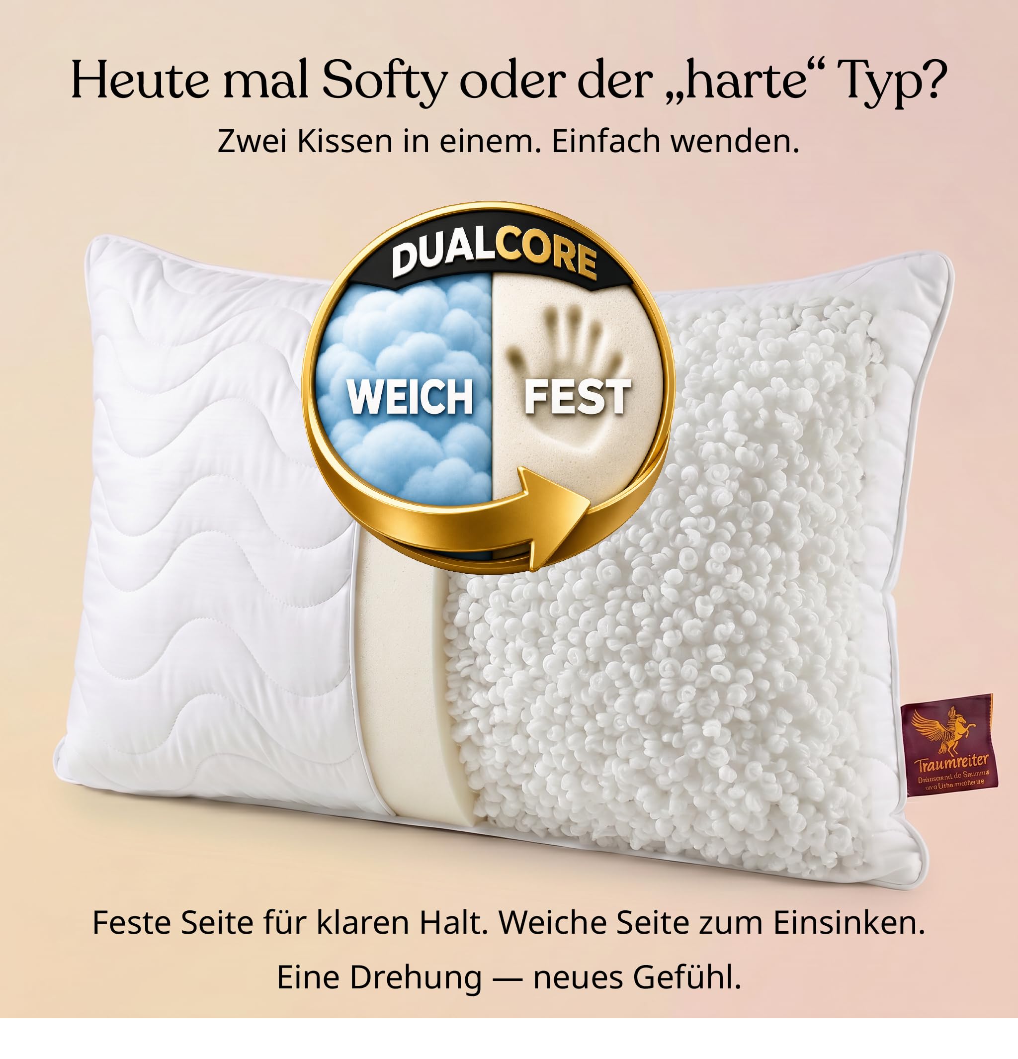 Traumreiter Visco Switch Seitenschläferkissen 40 x 140 cm – Wendekissen fest/weich, höhenverstellbar, Memory Foam & Watte, Body Pillow langes Kopfkissen Körperkissen, Schwangerschaftskissen mit Bezug