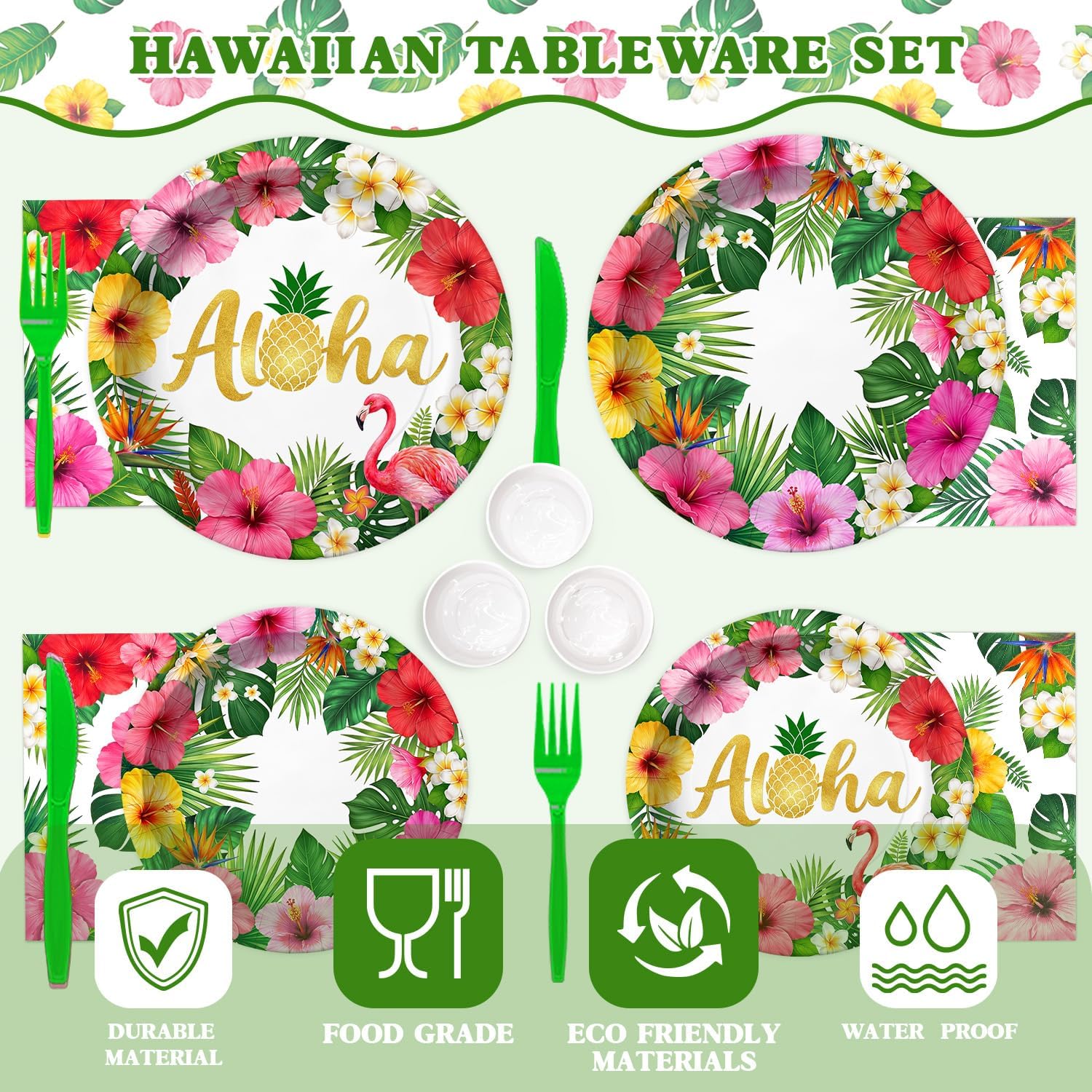 195 Pcs Hawaiian Luau Party Paper Plates Tableware Set (Serves 24), Hawaiian Birthday Decorations Include Banner Hanging Plates Napkins Forks Tablecloth Topper Balloons For Hibiscus Floral Party