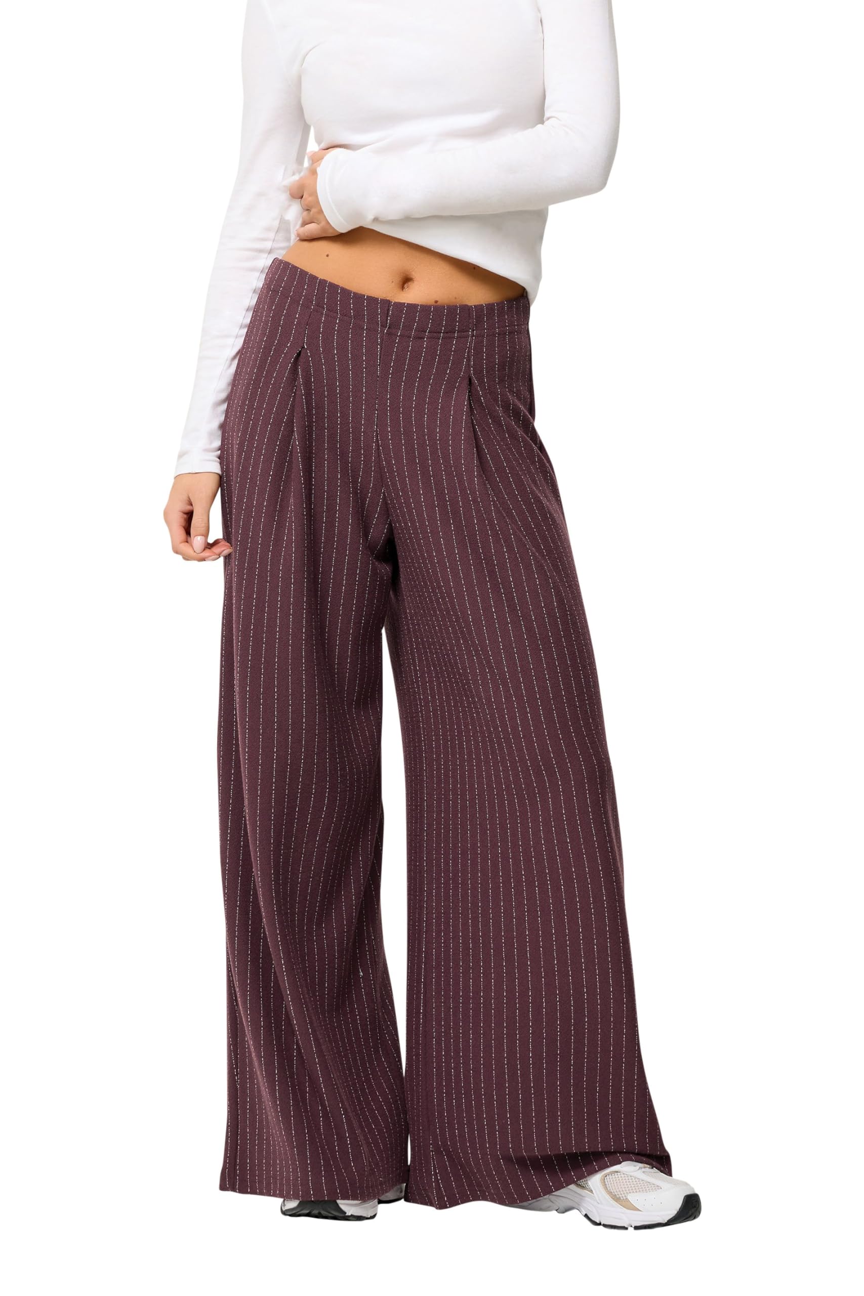 Pixiegirl Women's Burgundy Petite Red Pinstripe Palazzo Wide Leg Trousers Petite