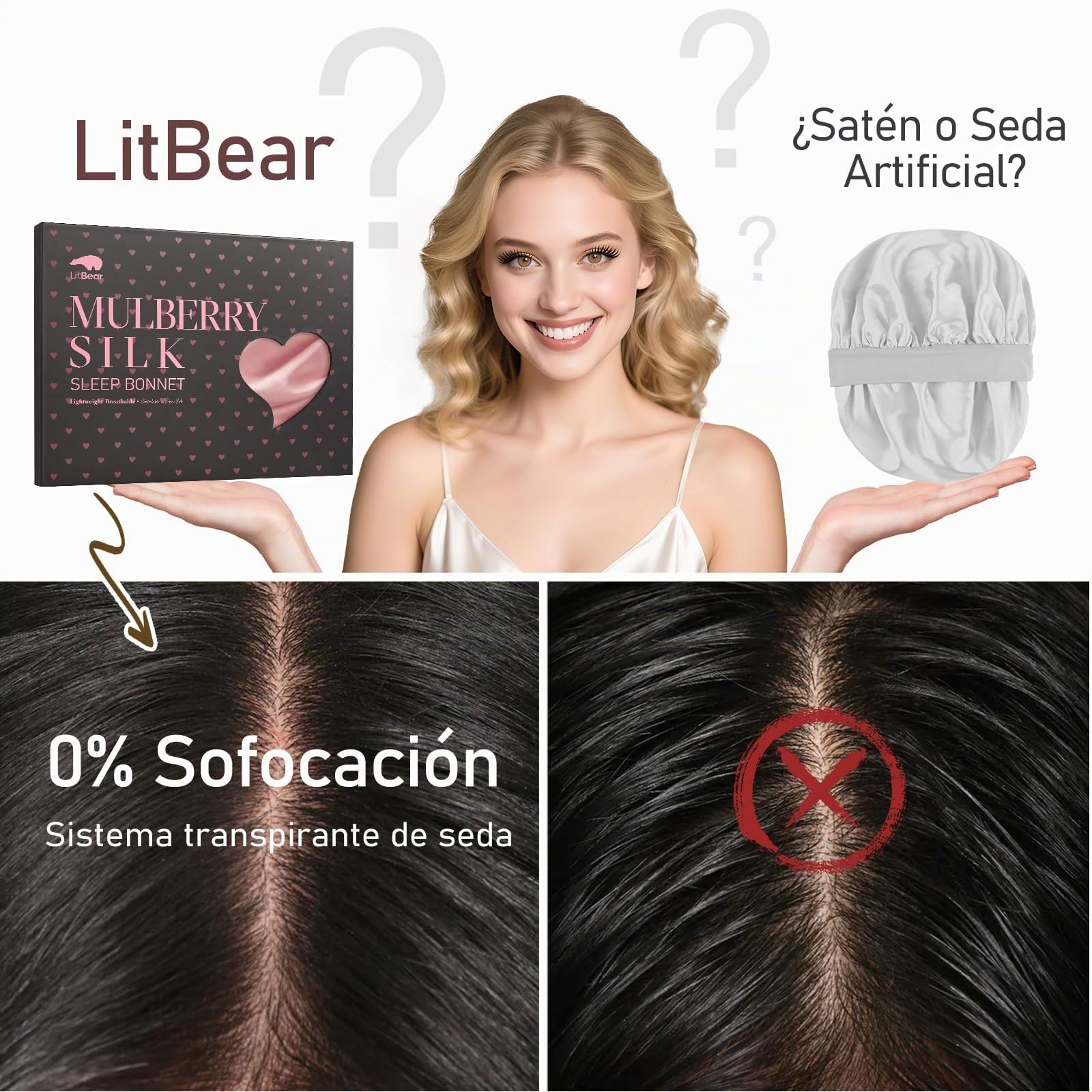 LitBear Gorro de Seda de 22 Momme para Dormir – Gorro de Dormir de 100% Seda de Morera, capó de Seda con Banda elástica, Gorro Transpirable y Ajustable para el Pelo Rizado