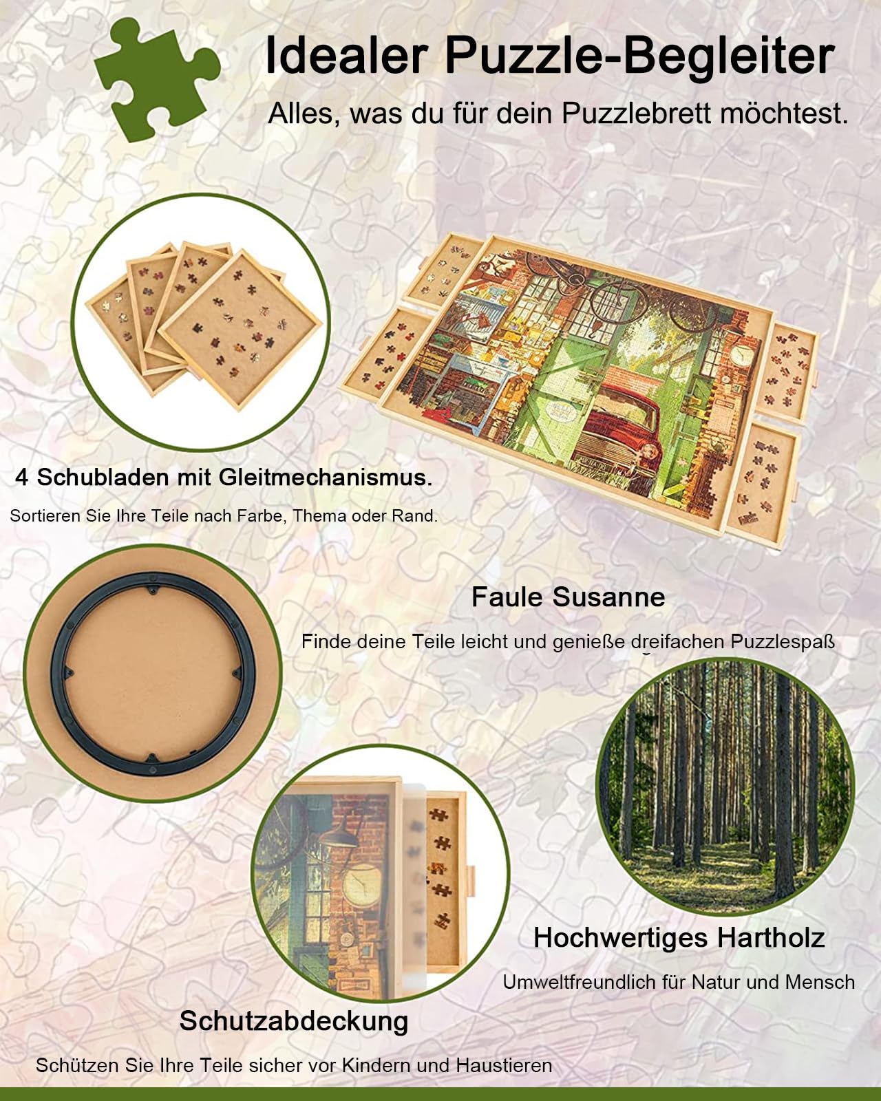 1000-częściowa obrotowa deska do puzzli z szufladami, 73 x 53 cm, przenośny, drewniany stół puzzli dla dorosłych, przenośna, obrotowa deska do puzzli, prezent urodzinowy dla mamy