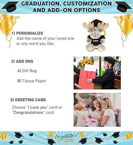 Miniatura 2 de DolliBu Juguete de peluche de graduación de alce sentado – Suave disfraz de peluche de graduación con bata y gorra con traje de borla con