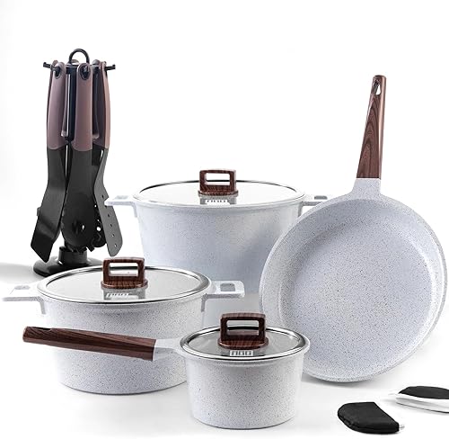 MGC - Juego de ollas y sartenes antiadherentes con revestimiento de cerámica de 16 piezas, sin PFAS, apto para lavavajillas