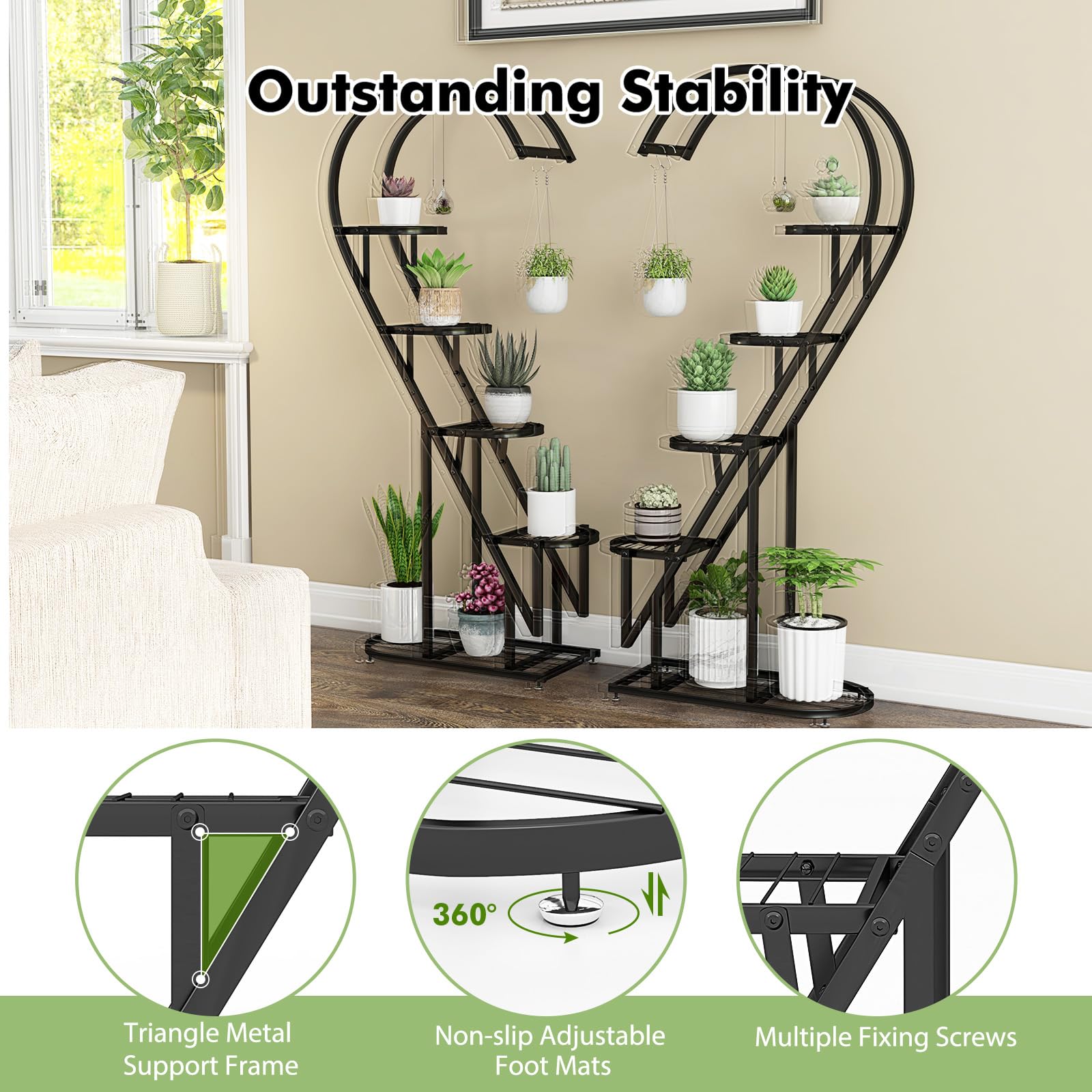 HOMASIS Support pour plantes à 5 étages en métal en forme de cœur - Avec crochets - Pour l'intérieur et l'extérieur - Pour salon, jardin, balcon, terrasse - Noir