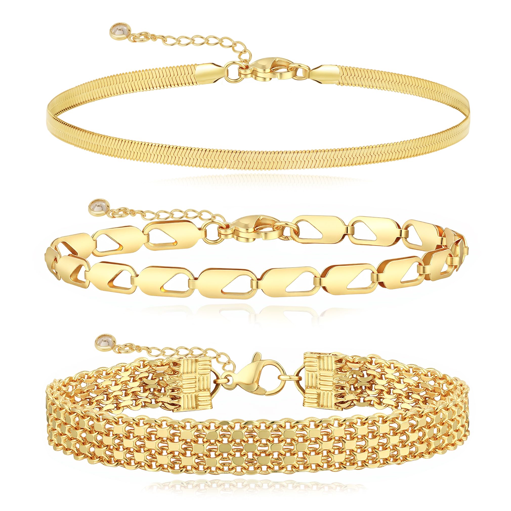 Relveo Gold/Silver Bracelets for Women,14K Real Gold Plated Bracelets Stack Trendy Jewelry Sets Stackable Snake Chain Figaro Paperclip Link Chain