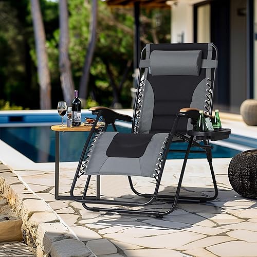 Miniatura 2 de MFSTUDIO - Silla de gravedad cero extragrande XL reclinable para patio, acolchada, silla plegable con soporte para tazas, extraancha, para alberca,