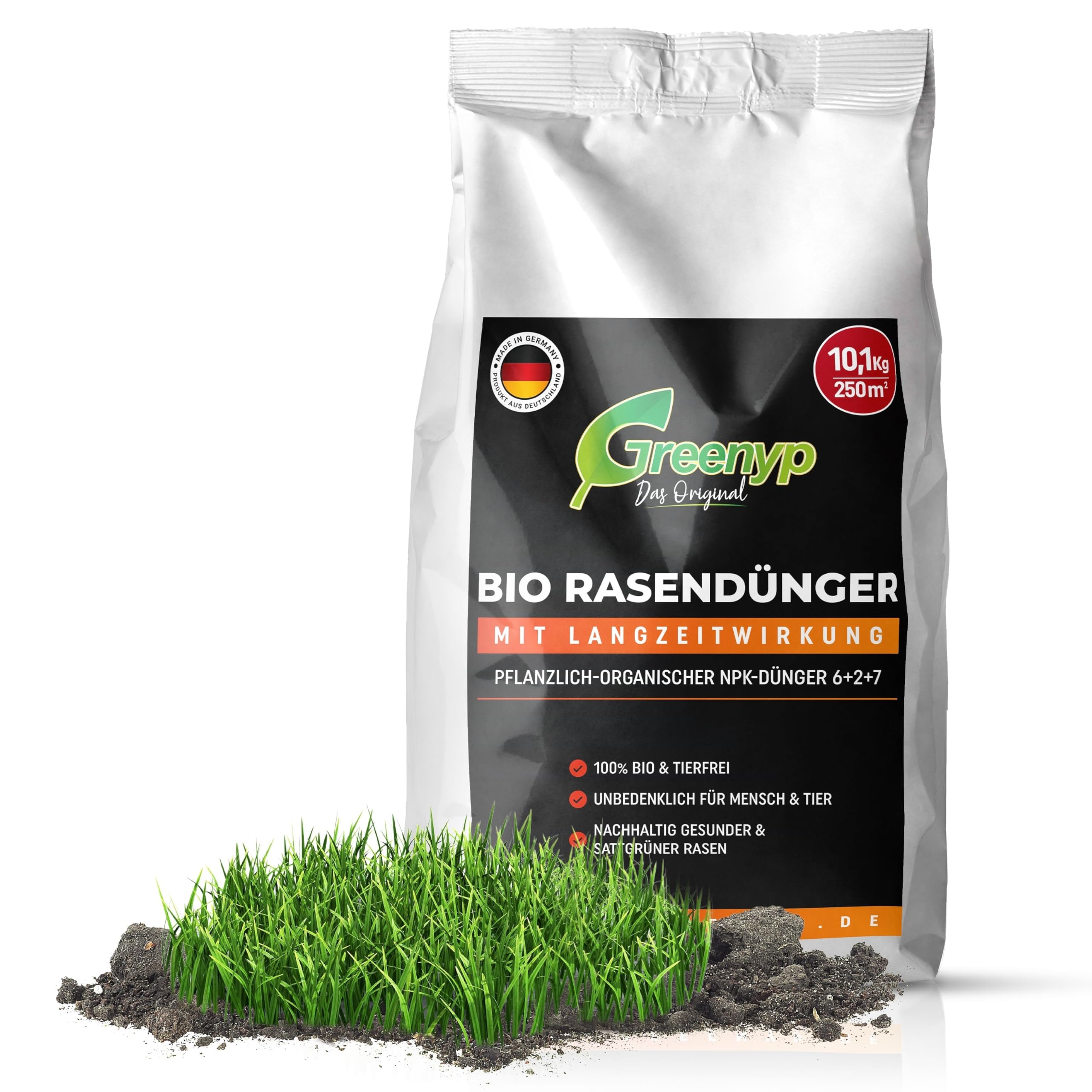 Greenyp Bio Rasendnger 10,1kg fr 250m I Pflanzlich Organischer Dnger  mit 3 Monate Langzeitwirkung I Staubarm, Tierfreundlich und Vegan I  Frhjahr bis Sommer : Amazon.de: Garten