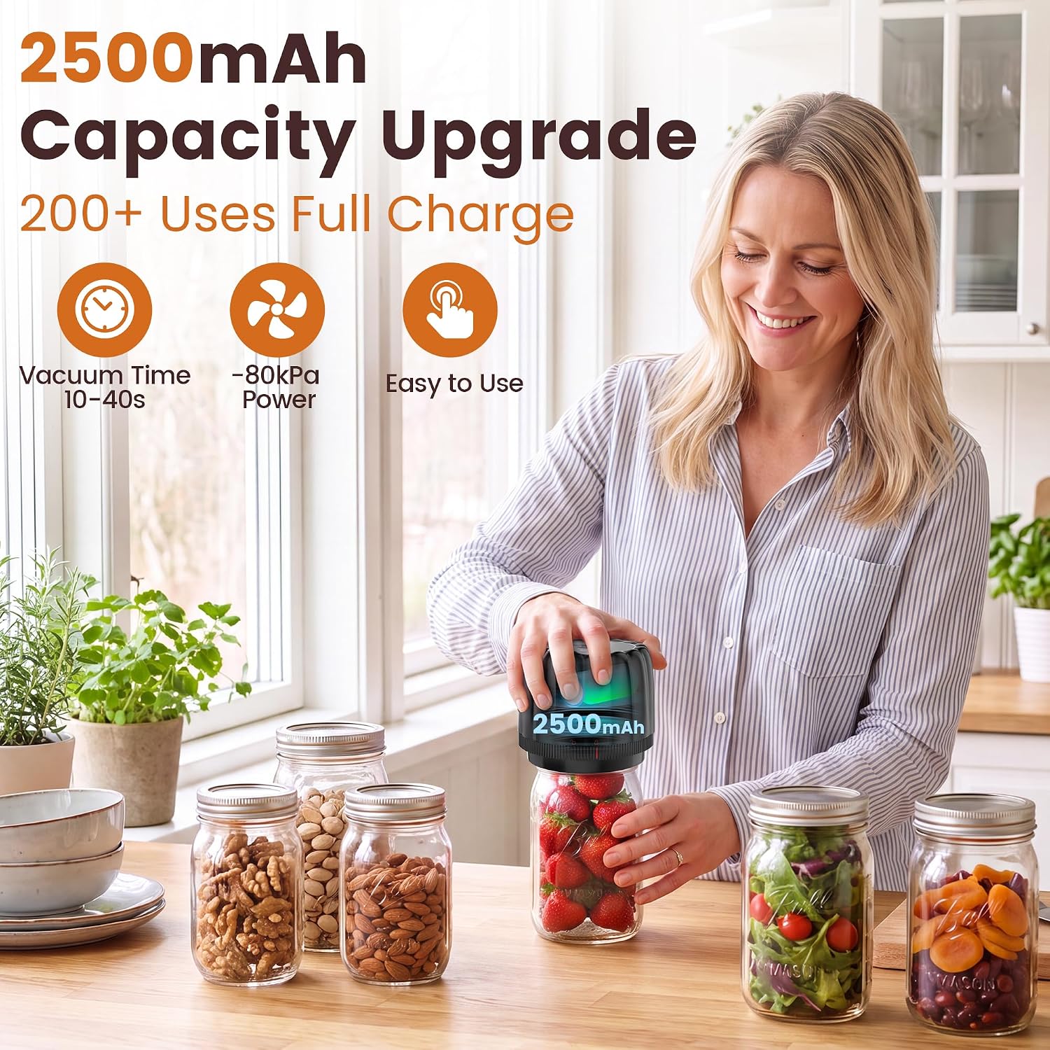 2026 Upgraded Mason Jar Vacuum Sealer Kit - 2500mAh, 80Kpa, 10x Freshness | BeatCat One-Touch Auto-Off Jar Vacuum Sealer for Wide & Regular Mouth Mason Jars and 10 Lids, for Longer Kitchen Food Storage