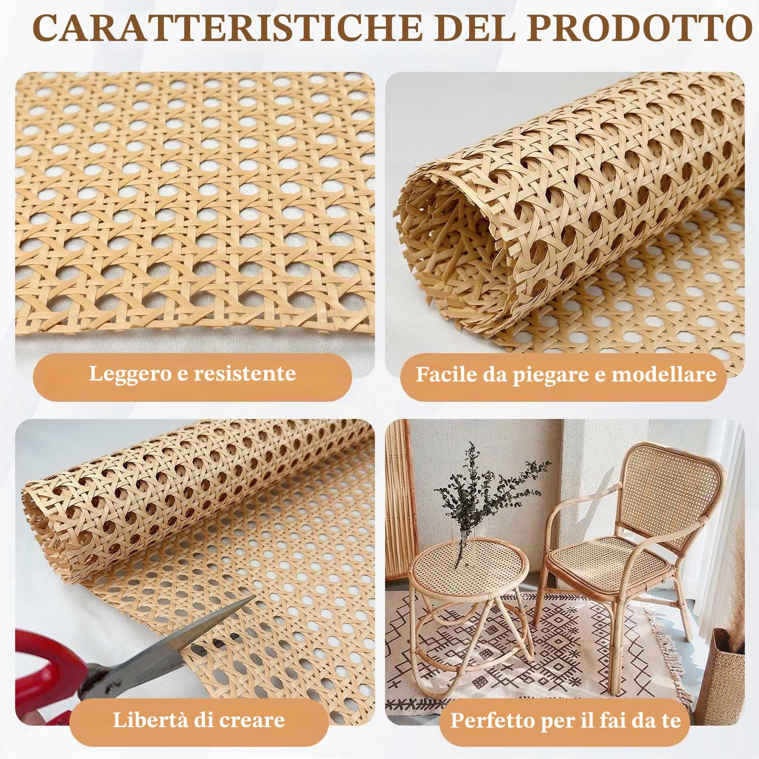 Rattan rotolo, 40 x 100 cm, midollino per sedie paglia di vienna per mobili, cannage rotin per sedie, armadi, bricolage, resistente all'umidità, impermeabile, fatto a mano, paglia di vienna per sedie