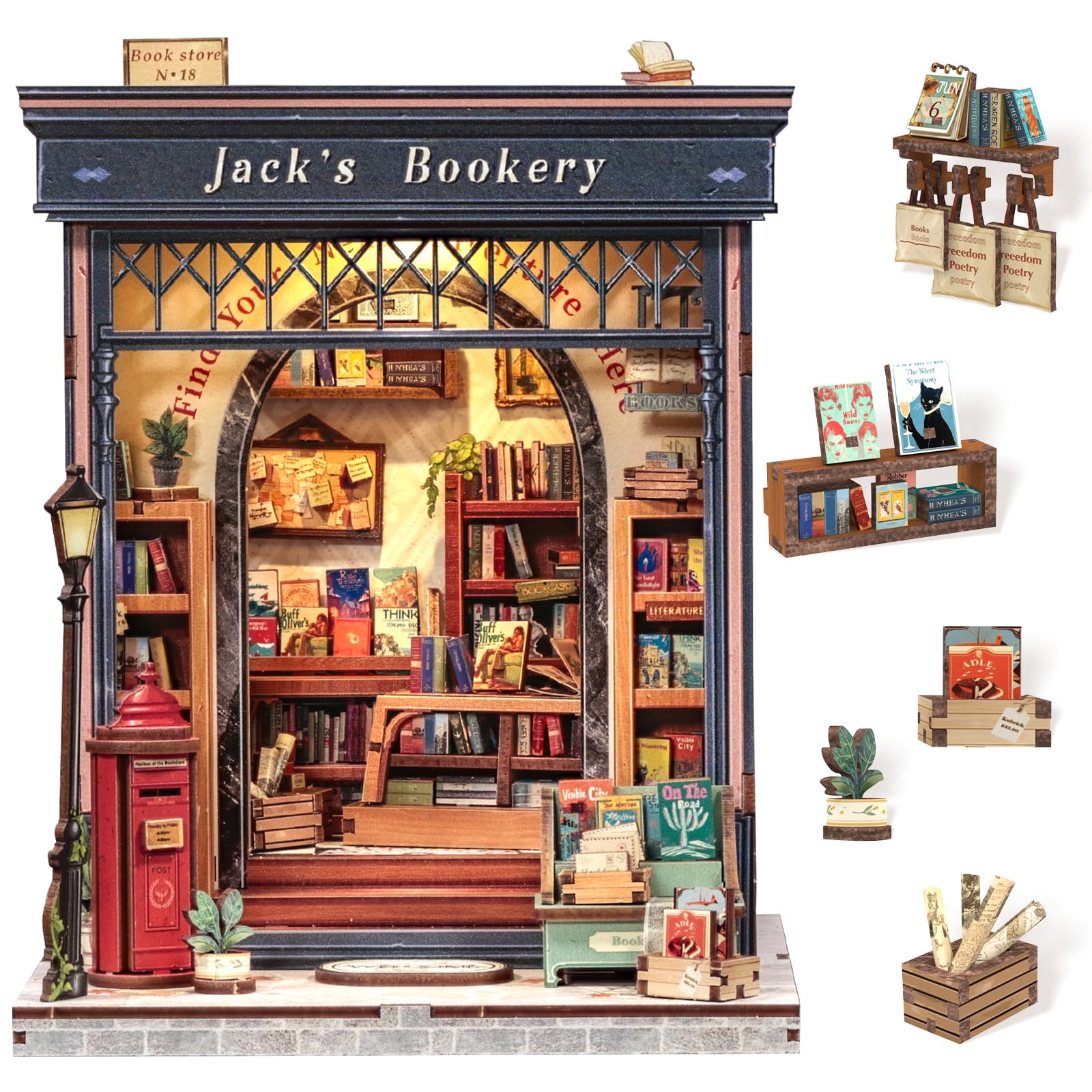 Cutefun Book Nook Kit - Kit Case delle bambole con Luci LED, Puzzle 3D in Legno Modellino da Costruire, Decorazione per Libreria, Regalo Creativo per Adolescenti e Adulti(Jack's Bookery)