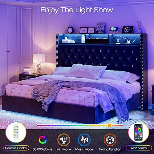 Miniatura 6 de CIKUNASI Base de cama de tamaño matrimonial con 4 cajones de almacenamiento y cabecera con respaldo de ala, marco de cama tapizado con luces LED, no