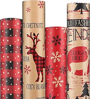 Anvure Christmas Wrapping Paper (4 Rolls: 93 sq. ft total) 17 Inch*16.4 Feet Per Rolls, Xmas Kraft Set Designs with Plaid, Reindeer, Tree, Snowflake & Star Patterns Holiday Wrap for Gift