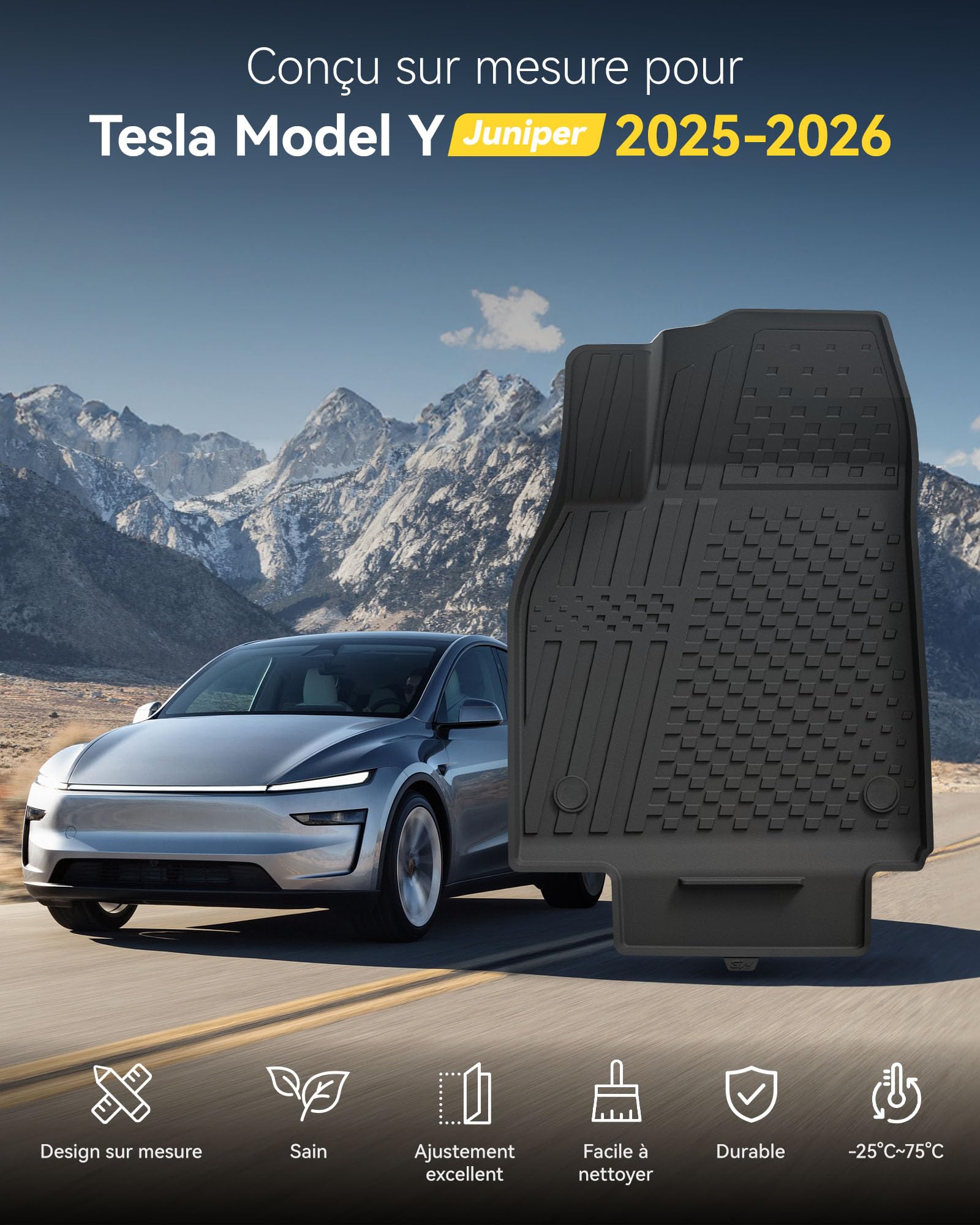 3W Tapis de Sol pour Tesla Model Y Juniper 2025 2026, Compatible avec Model Y Standard 2026 et Premium/Performance, Set 4 Pièces en Thorex™, Protection Toutes Saisons, Antidérapant et Imperméable
