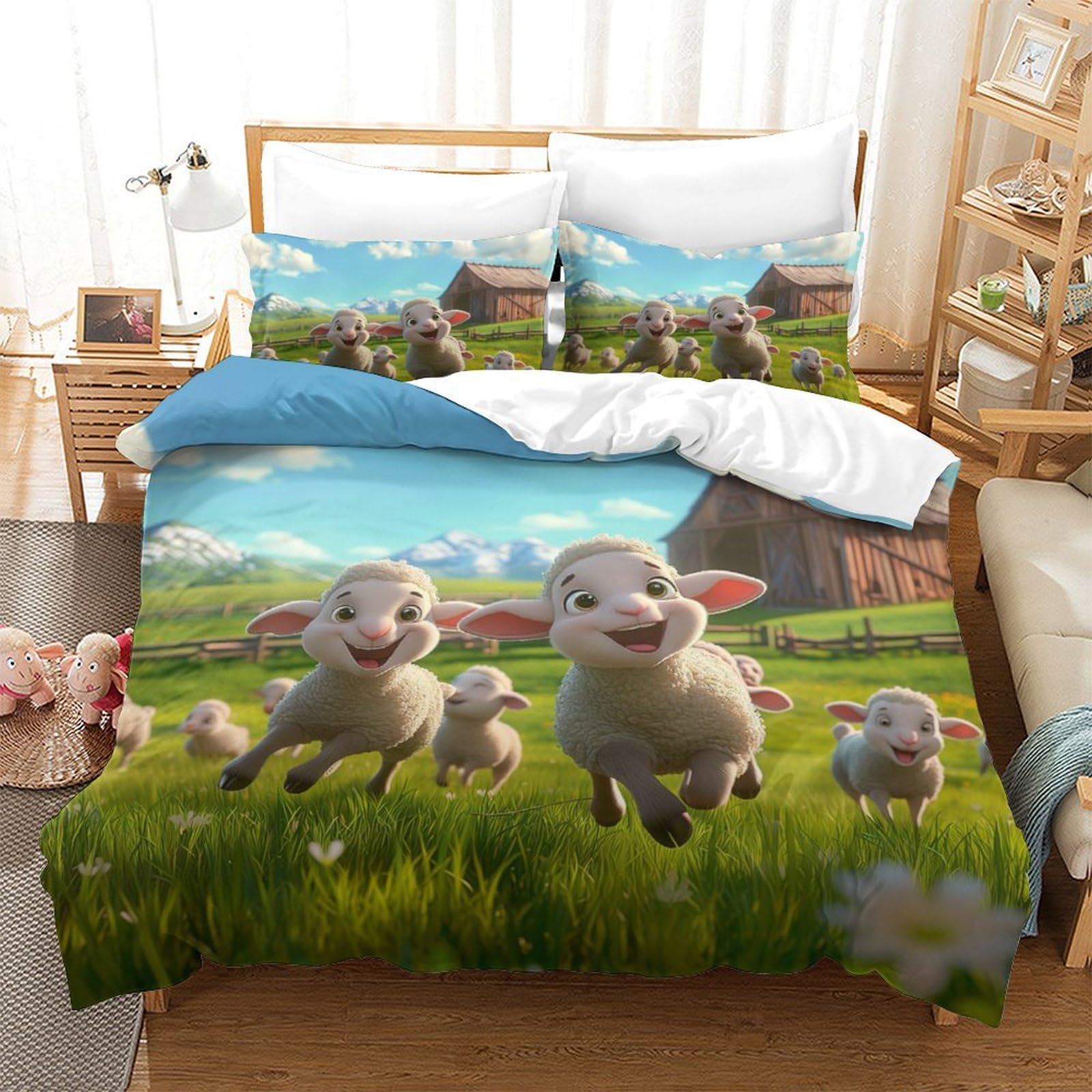 Housse de couette mouton 3D en microfibre 220x240cm avec 2 taies d'oreiller pour lit King size