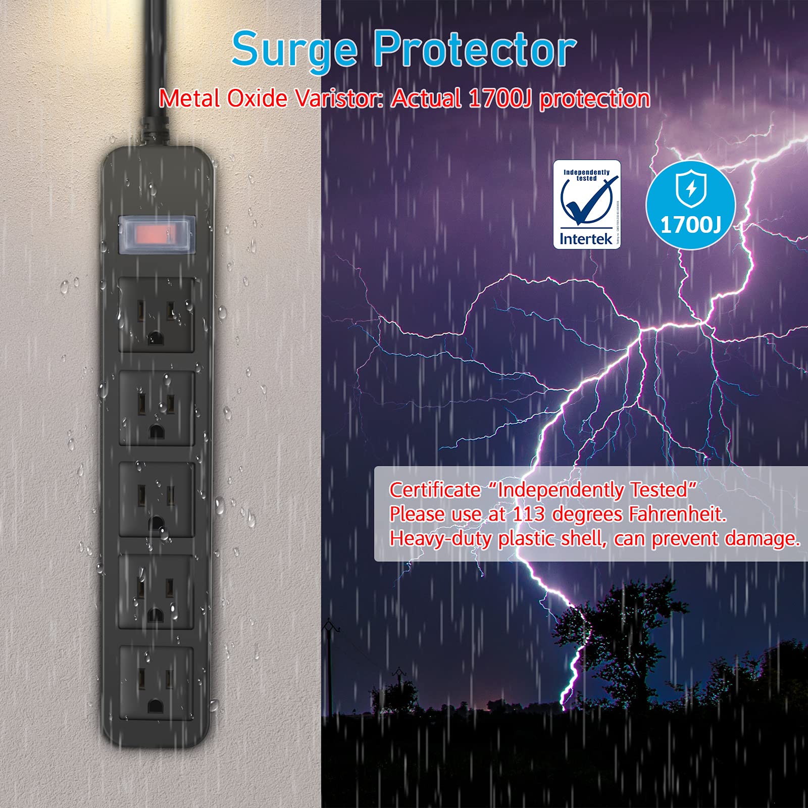 Regleta de alimentación para exteriores impermeable con 5 tomas, protector de sobretensiones resistente a la intemperie para jardín, enchufe exterior de múltiples salidas de Navidad para aparatos de
