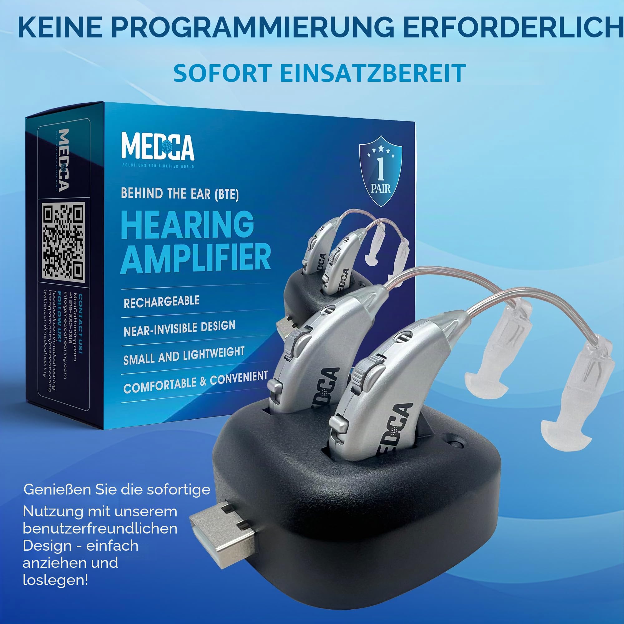 Digitale Hörverstärker - Paar wiederaufladbare HdO-Personenschallverstärker mit USB-Dock - Premium Behind The Ear Sound Amplification - by MEDca