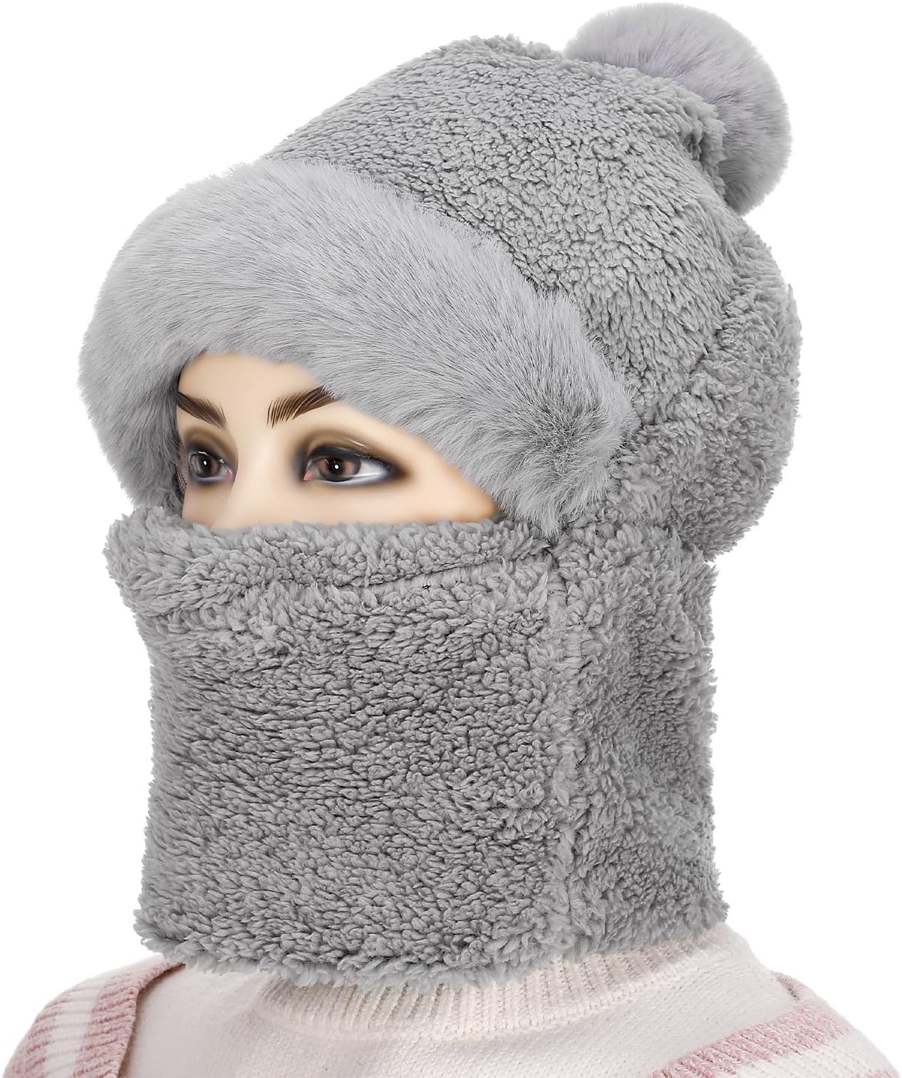 FRIUSATEWindproof Scarf Hat, Fashion Women Winter Siamese Hat Thermal Beanies Caps Winter Neck Scarf Hat Plush Caps for Skiing Cycling Grey