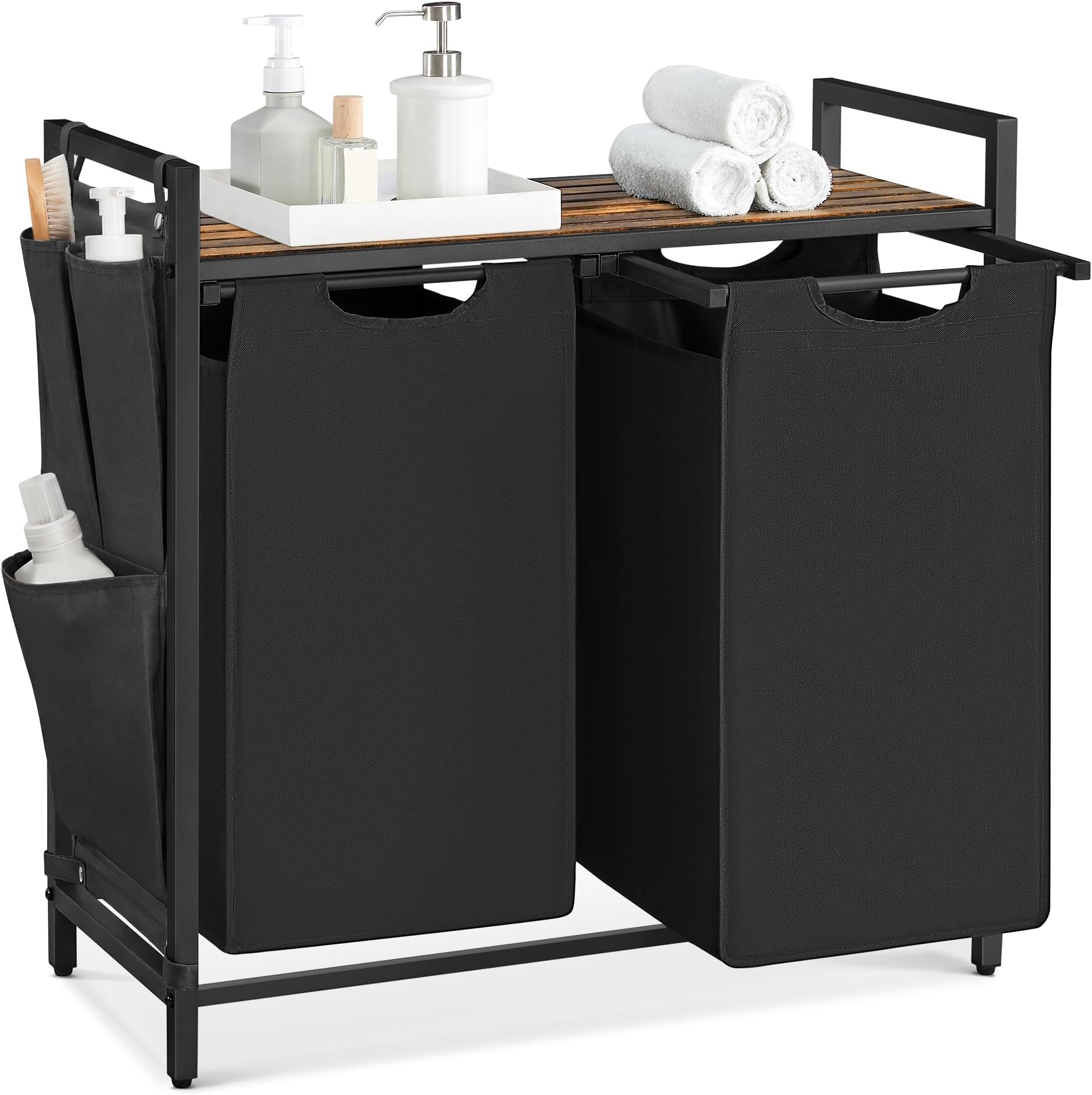 VASAGLE Laundry Basket, 2-Compartment Laundry Hamper, Pull-Out and Removable Liner Bags, Clothes Sorter, Shelf, Metal Frame, 2 x 46 L, 73 x 33 x 72 cm, Ink Black and Rustic Brown BLH201B01 | Laundry Hamper Sorter, Pull-Out and Removable Laundry Bag, Ink Black and Rustic Brown, BRENTA Collection BLH201BH66