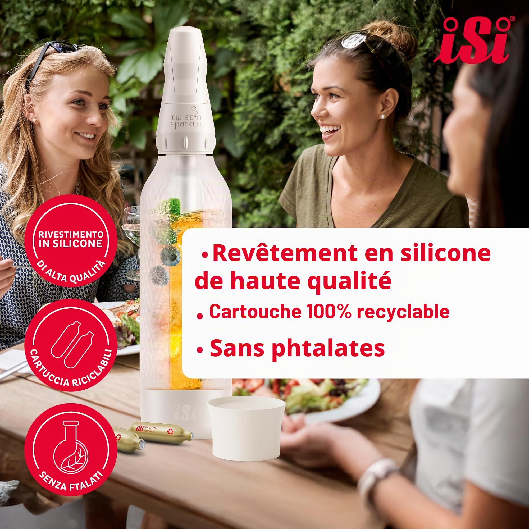 iSi Twist'n Sparkle Virtuoso Machine à gazéifier 0,95 l – Machine à soda pour eau pétillante, jus et cocktails – Machine à gazéifier et à soda avec housse en silicone antidérapante – Machine à eau
