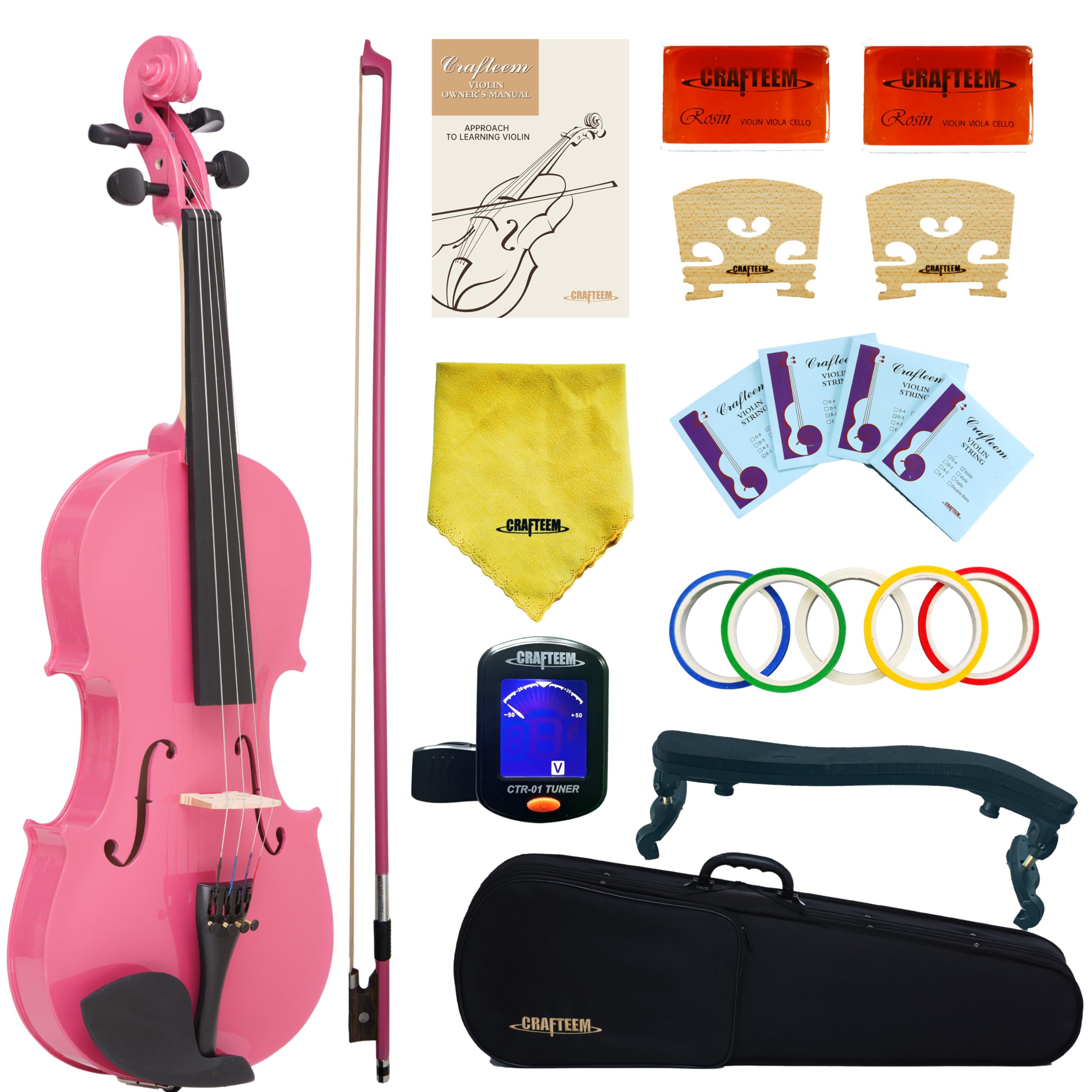 Crafteem 1/2 Geige Rosafarbenes Premium-Violinen-Set für Anfänger Erwachsene Kinder mit 5-farbigem Fingerführungs-Klebeband – Handgefertigte Anfänger-Studentengeige.