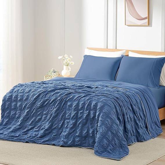 Cozy Bliss Cooling Comforter Seersucker Plaid Full, Q-Max 0.4 Reversible Lightweight Cooling Blanket, Breathable Silk Smooth Summer Bedding Quilt for Hot Sleepers Night Sweats Denim Blue