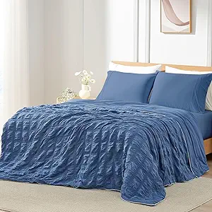 Cozy Bliss Cooling Comforter Seersucker Plaid Full, Q-Max 0.4 Reversible Lightweight Cooling Blanket, Breathable Silk Smooth Summer Bedding Quilt for Hot Sleepers Night Sweats Denim Blue