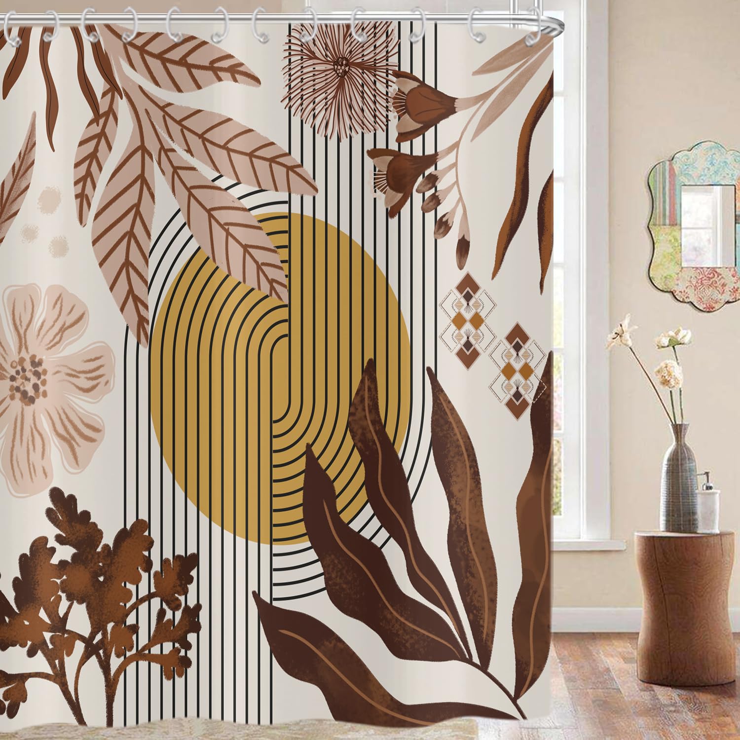 Hnmdmyi Boho Shower Curtain 180x220, Mid Century Abstract Pink Leaves Floral Geometric Minimalist Aesthetic Art Bathroom Shower Curtains Waterproof Polyester Fabric Washable Bath Curtains with Hooks — image 1