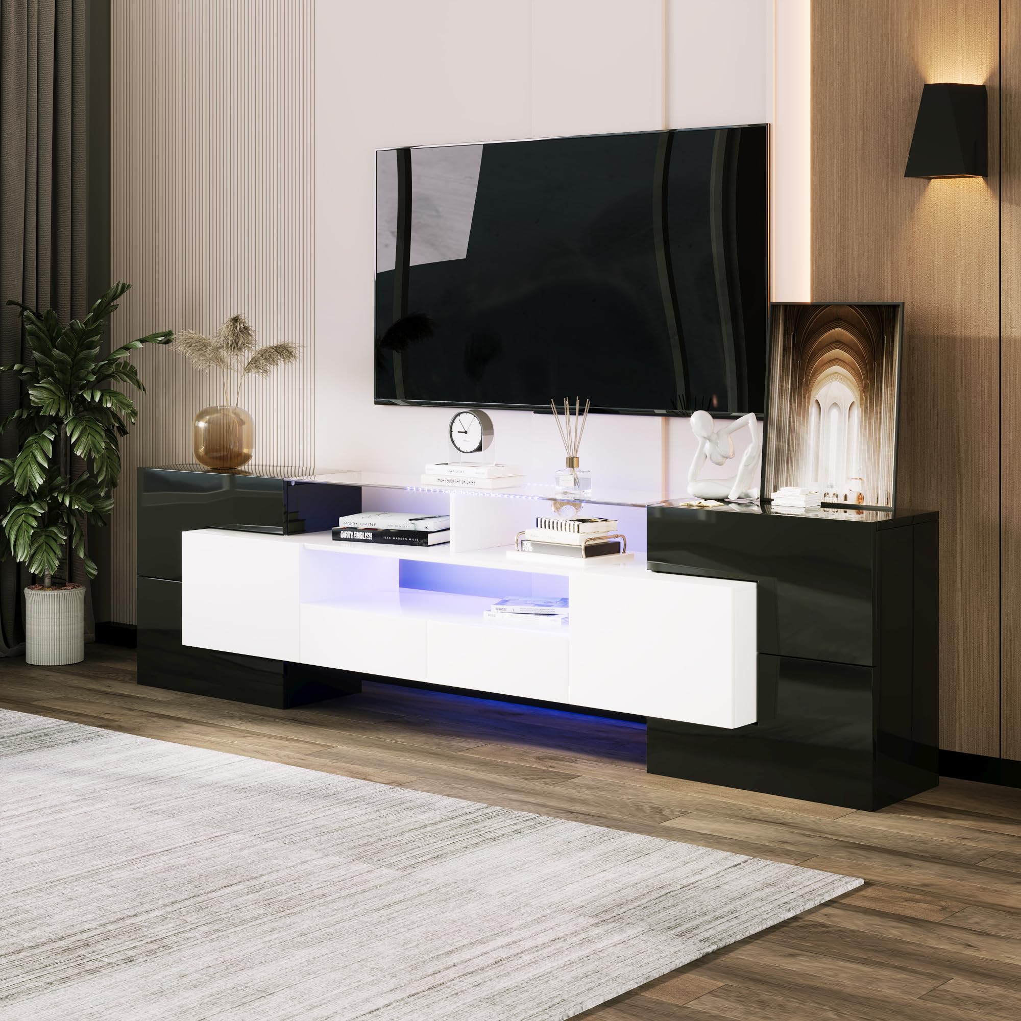 Mobile TV 200 cm, elegante mobile TV Lowboard, lucido con illuminazione a LED, mobili da soggiorno, design moderno, elegante superficie in vetro (nero, 200 cm)